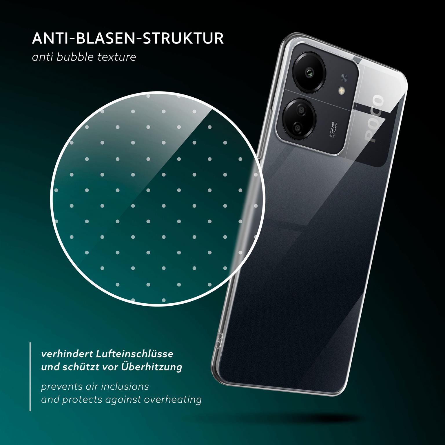 Transparente Handyhülle mit gepunkteter Textur. Verhindert Lufteinschlüsse und Überhitzung.