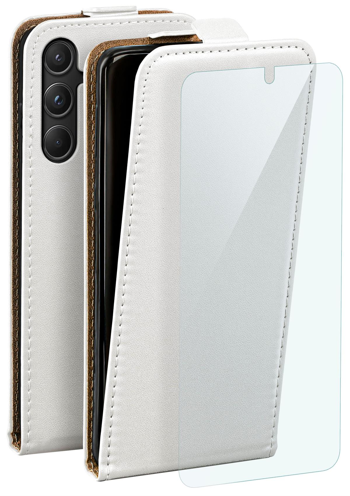 Weißes Handycase mit Telefon. Geöffnet. Displayschutz sichtbar. Weißer Hintergrund.