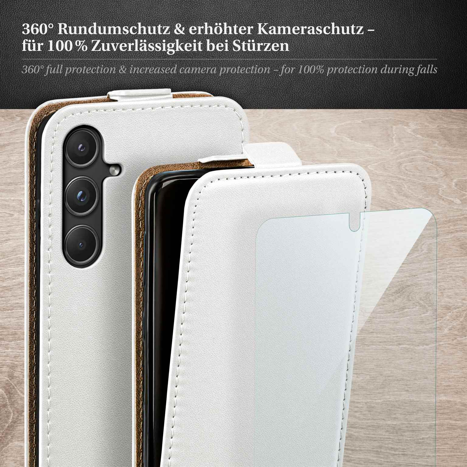 Weiße Handyhülle mit Telefon darin. Hülle schützt Kamera. Weiße und braune Farben werden gezeigt.