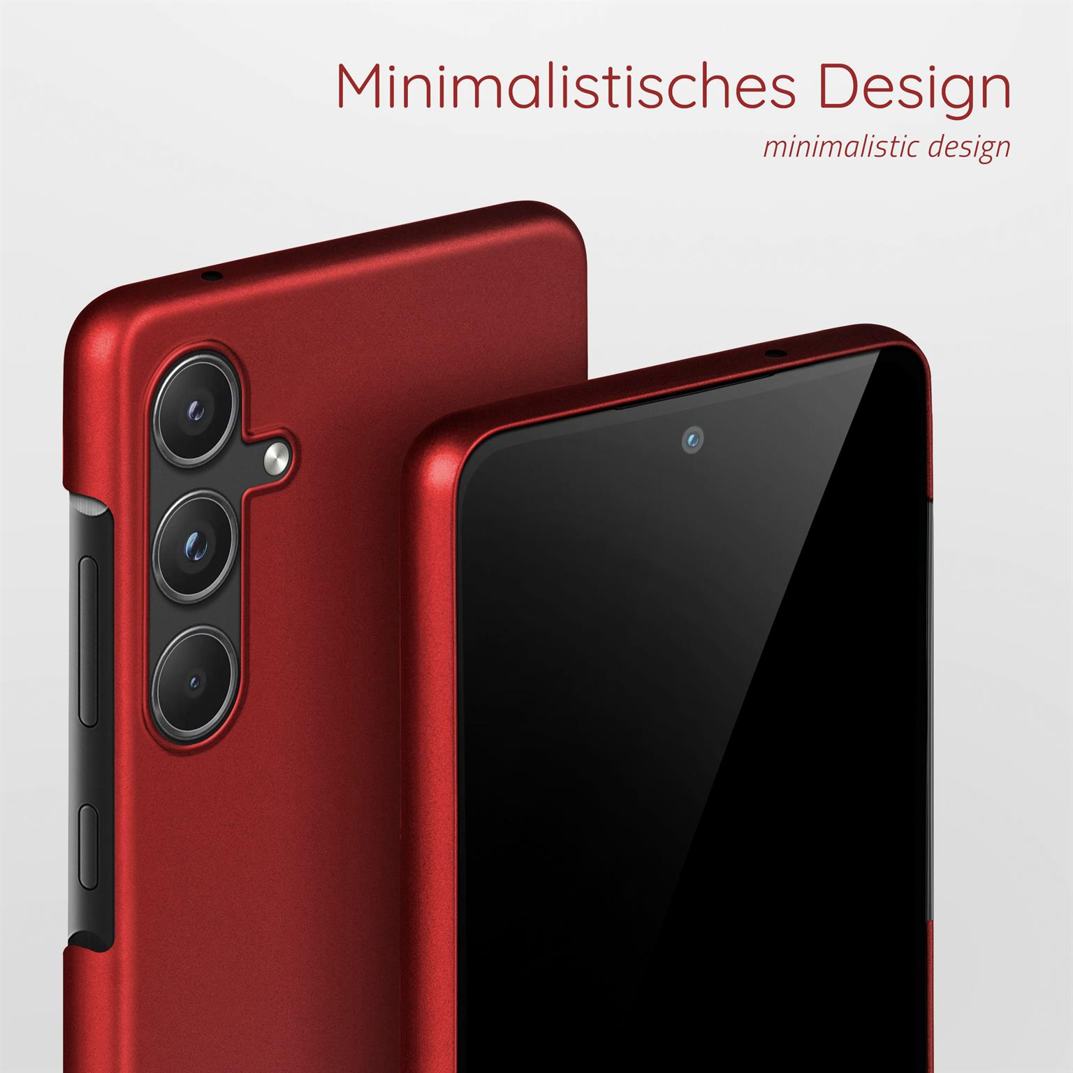 Rote Handyhülle mit schwarzem Telefon. Design ist minimalistisch. Nahaufnahme des Kamerabereichs.