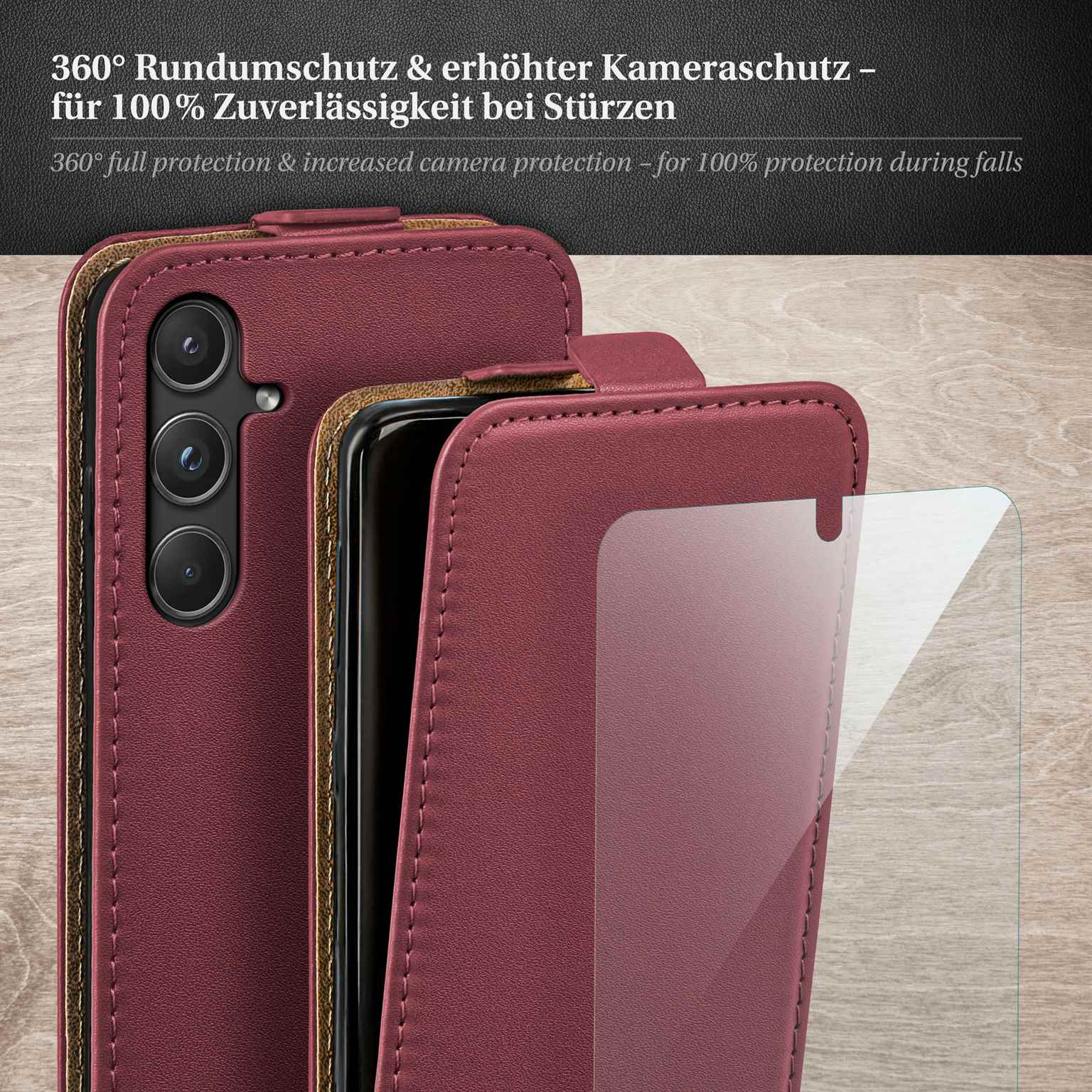 Burgunderfarbene Handyhülle geöffnet, Telefon sichtbar, mit Displayschutz.
