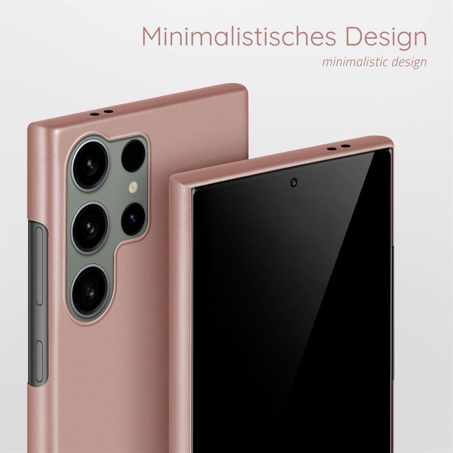 Zwei roségoldene Handyhüllen, eine auf der anderen, mit minimalistischem Design.