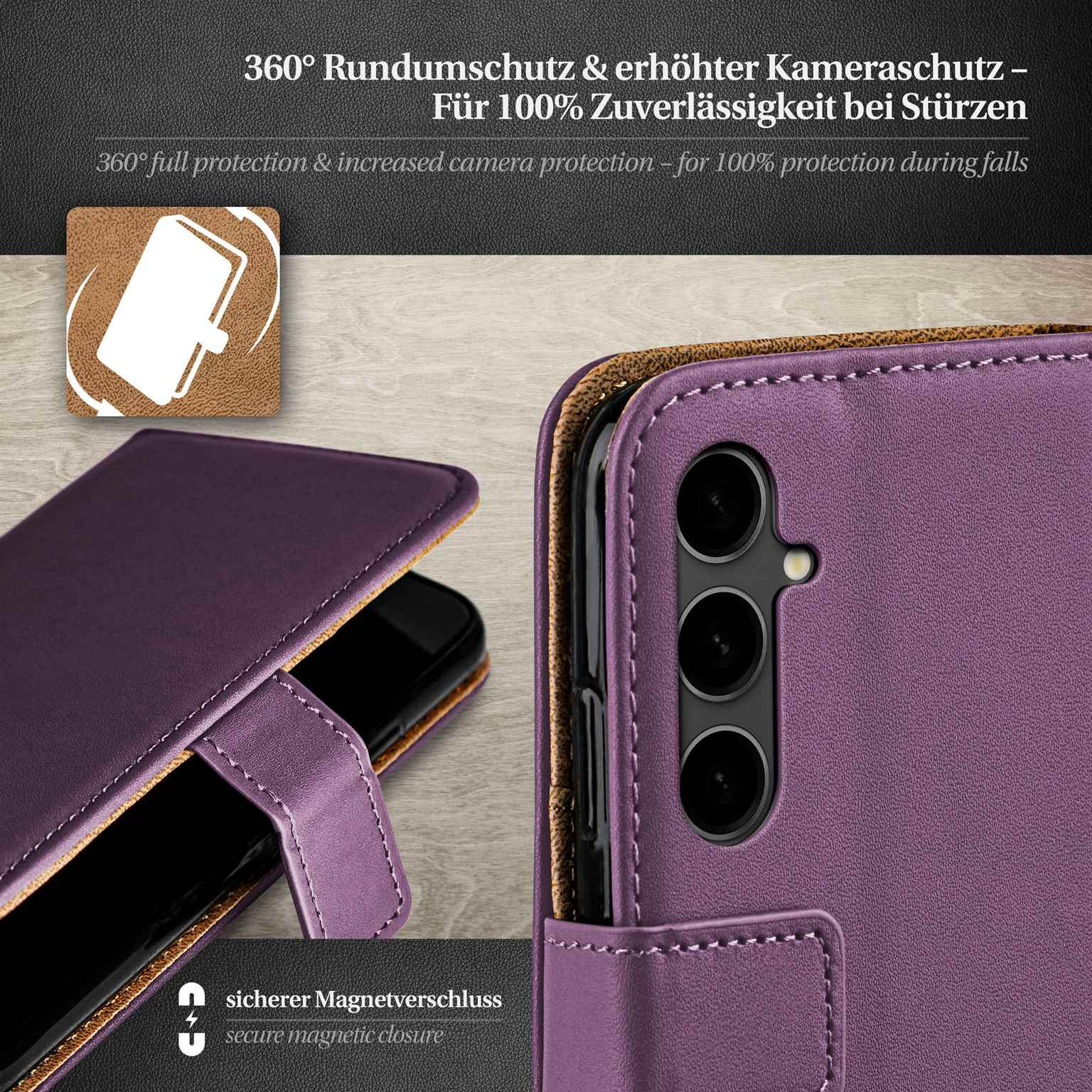 Lila Handyhülle mit Telefon darin. Sicherer Magnetverschluss.