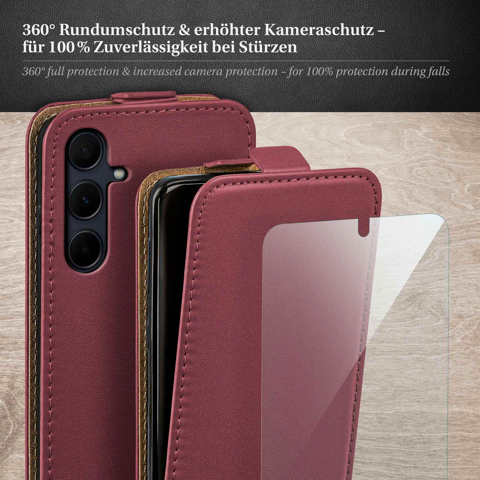 Eine Handyhülle, mit einem Telefon darin, in weinroten und braunen Tönen.