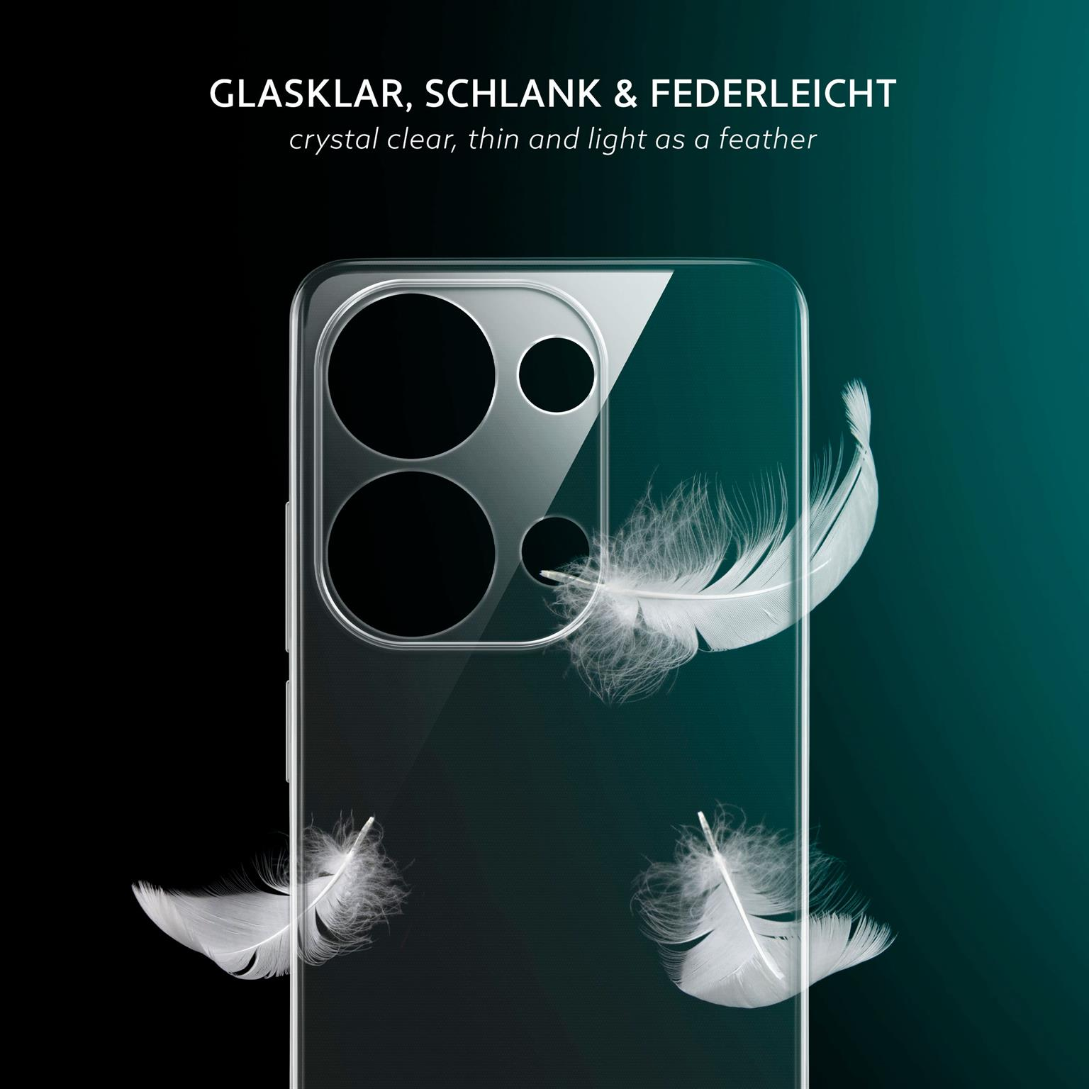 Eine transparente Handyhülle mit weißen Federn. Das Telefon befindet sich auf dunklem Hintergrund.