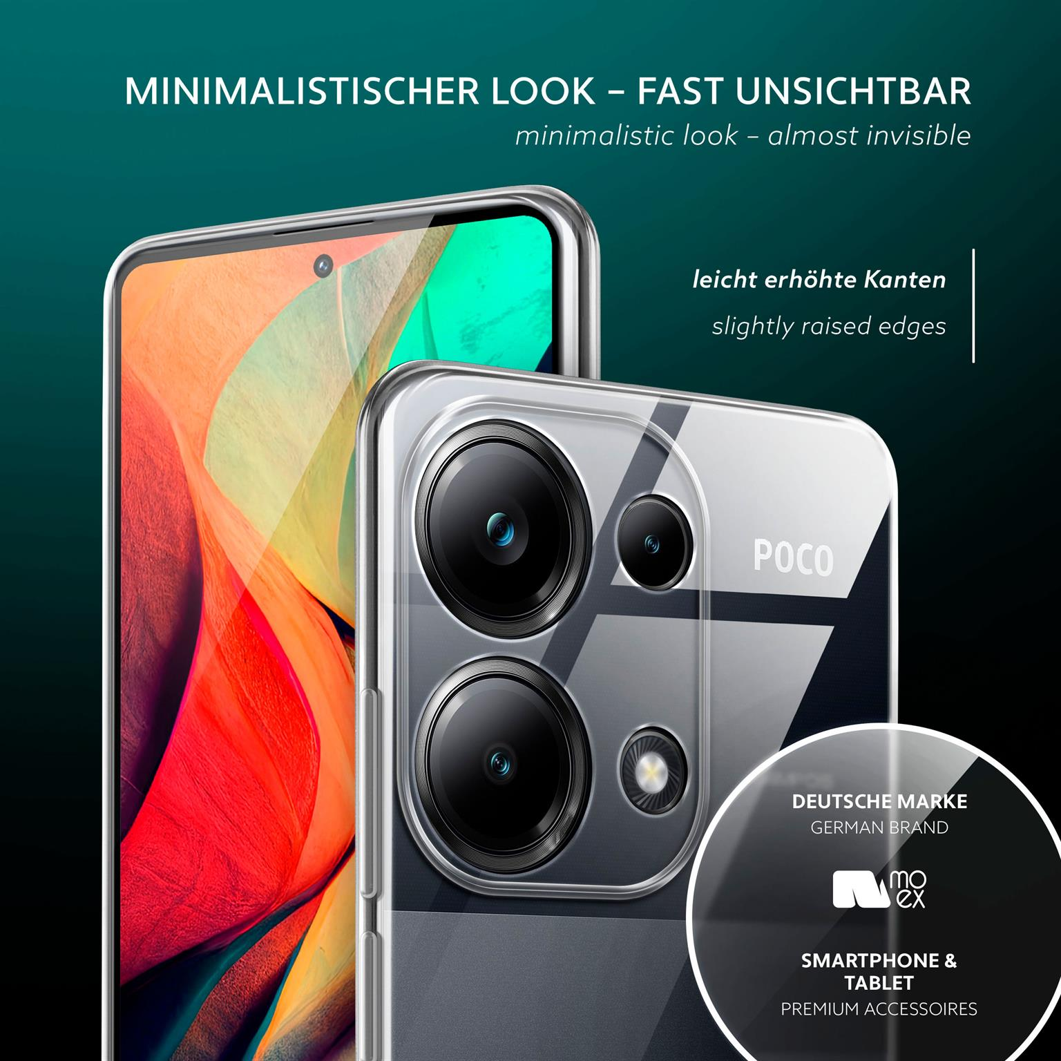 Ein Telefon mit einer transparenten Hülle wird gezeigt. Die Hülle hat erhöhte Kanten und ein deutsches Markenlabel.