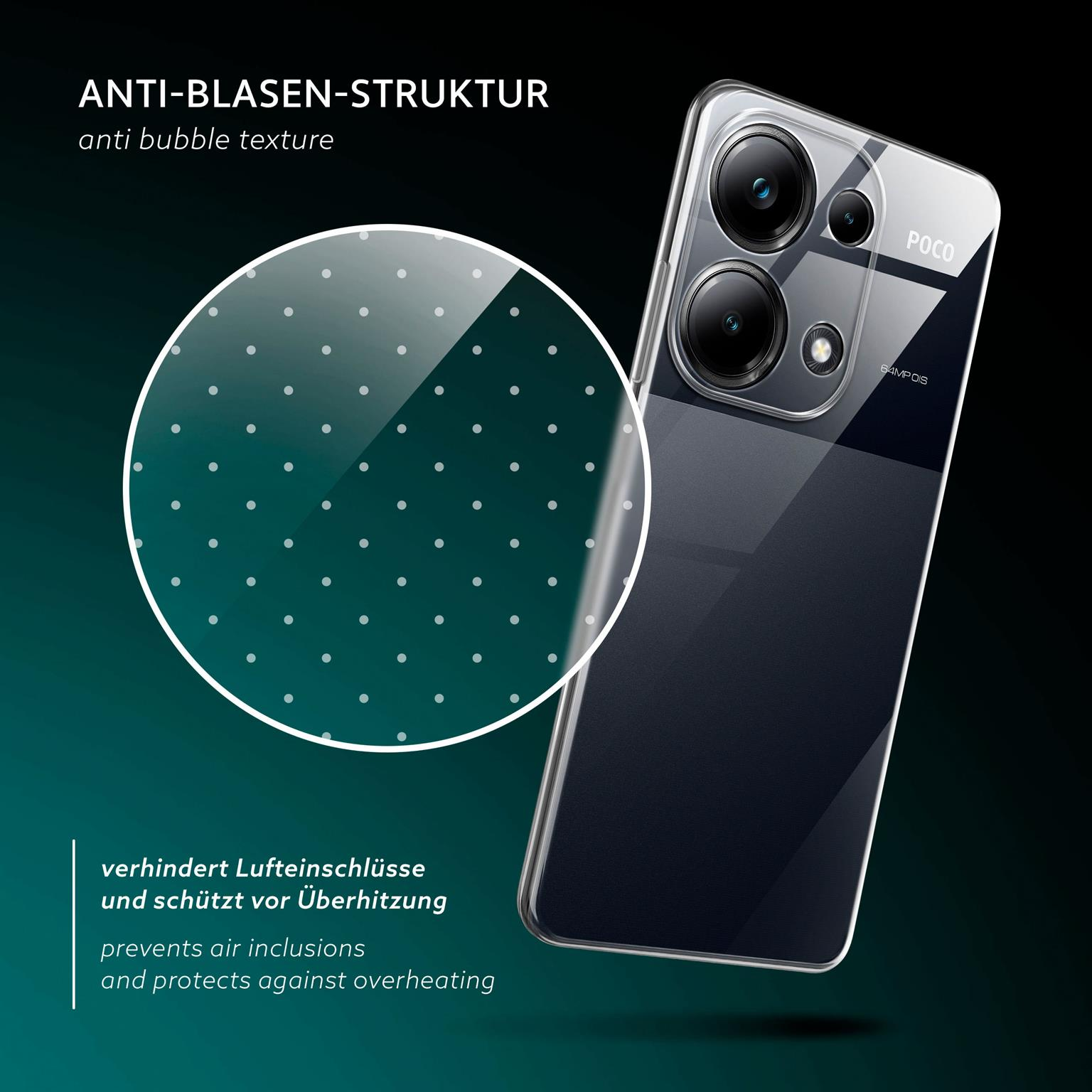 Telefon mit klarer Hülle, zeigt Anti-Blasen-Struktur und POCO-Logo.