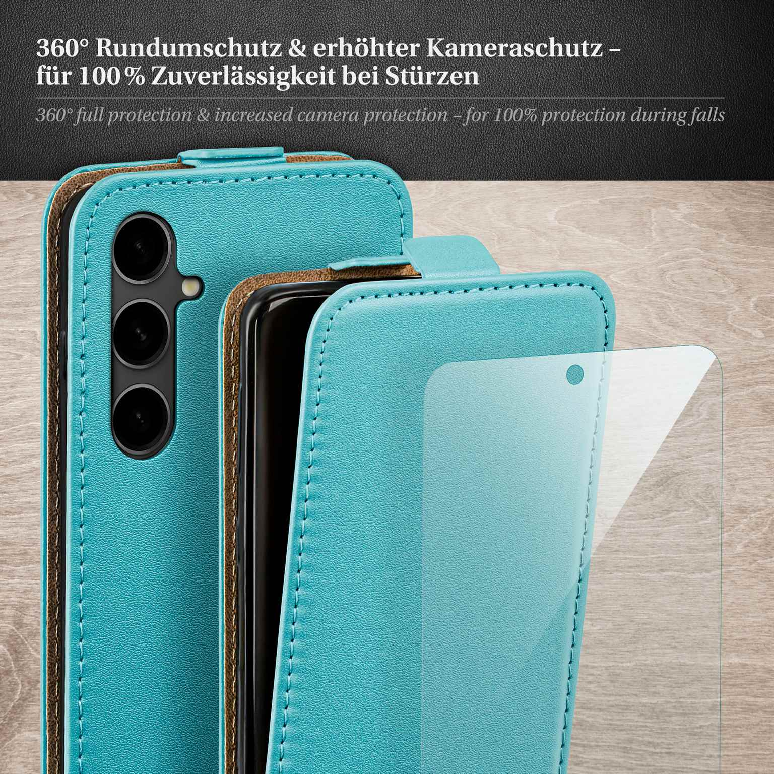 Türkisfarbene Handyhülle mit Handy und Displayschutz. Der Hintergrund ist Holz.