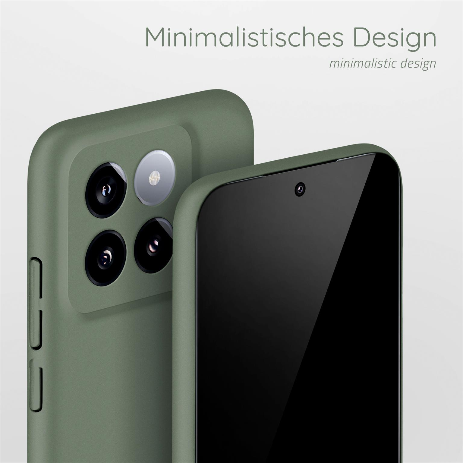 Nahaufnahme von zwei olivgrünen Handyhüllen, eine mit Kameras, eine mit Bildschirm.