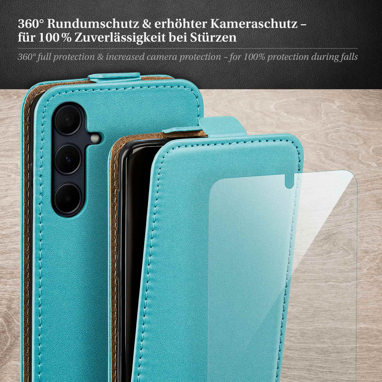 Eine türkisfarbene Handyhülle mit einem Telefon darin. Text: '360° Rundumschutz'.