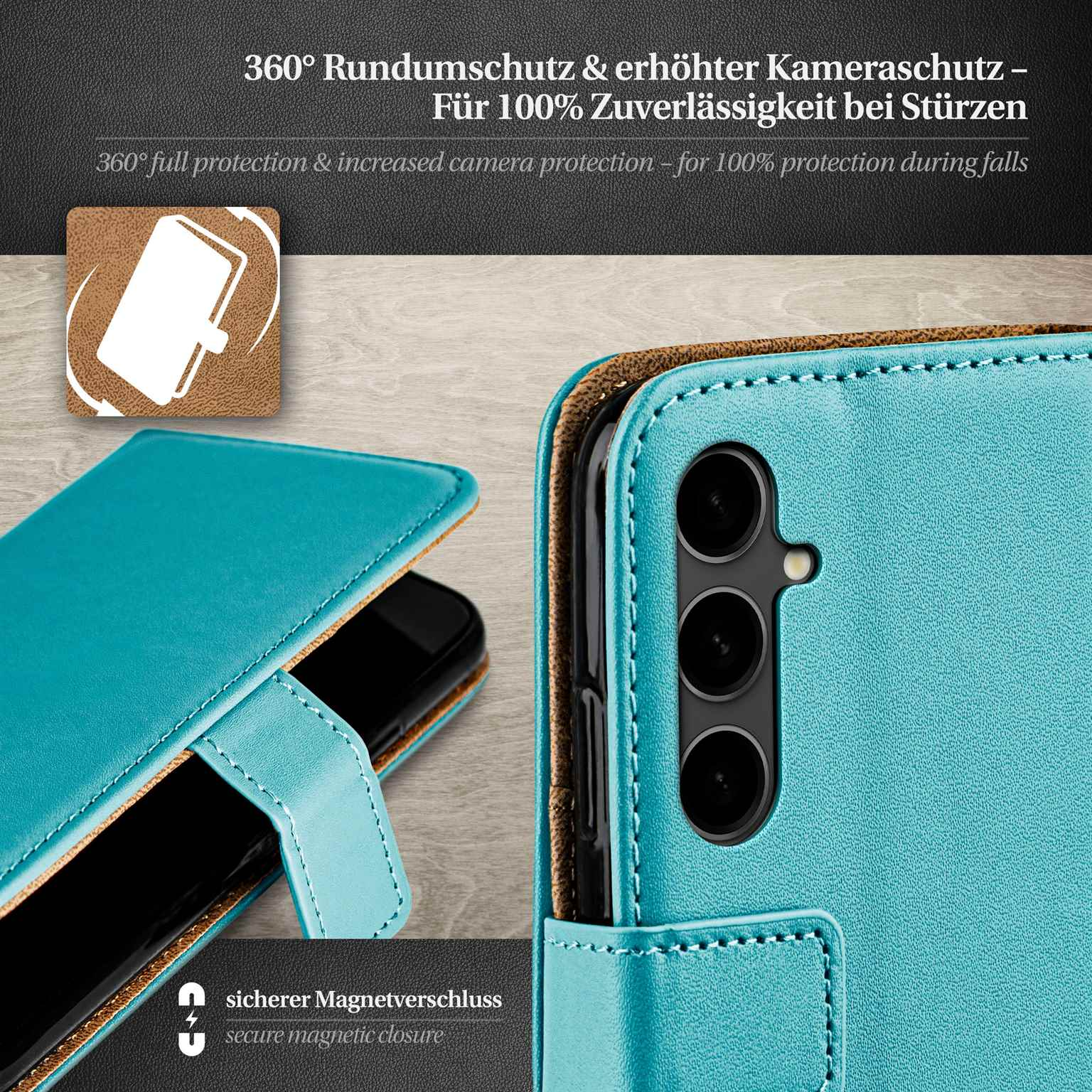 Türkisfarbene Handyhülle mit Telefon, Rückseite sichtbar, sicherer Magnetverschluss.