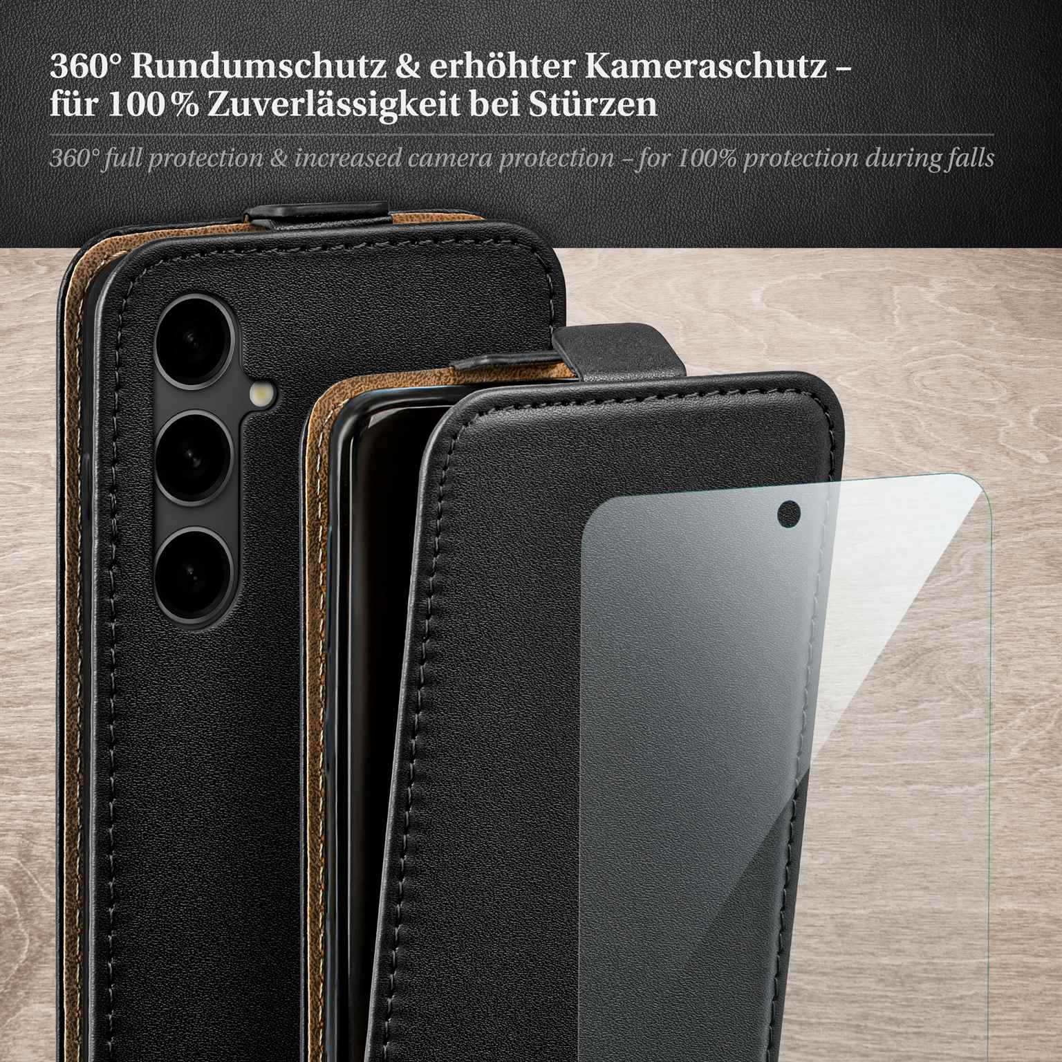 Eine schwarze Handyhülle mit Displayschutzfolie, in Schichten dargestellt, auf Holzoberfläche.