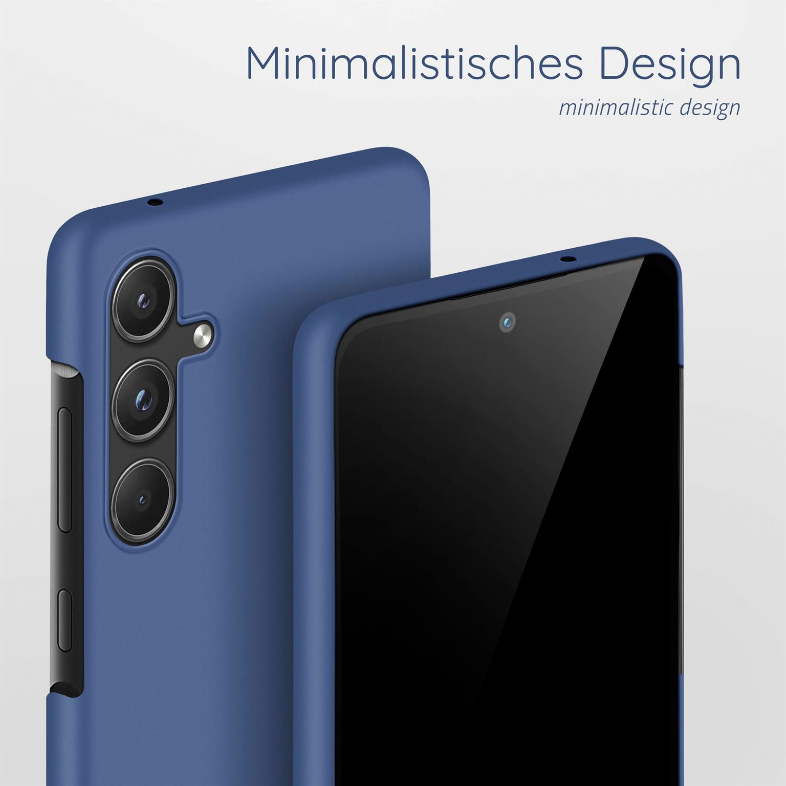 Zwei Telefone in blauen Hüllen. Eines ist im Fokus, mit schwarzem Bildschirm. Text 'Minimalistisches Design' oben.