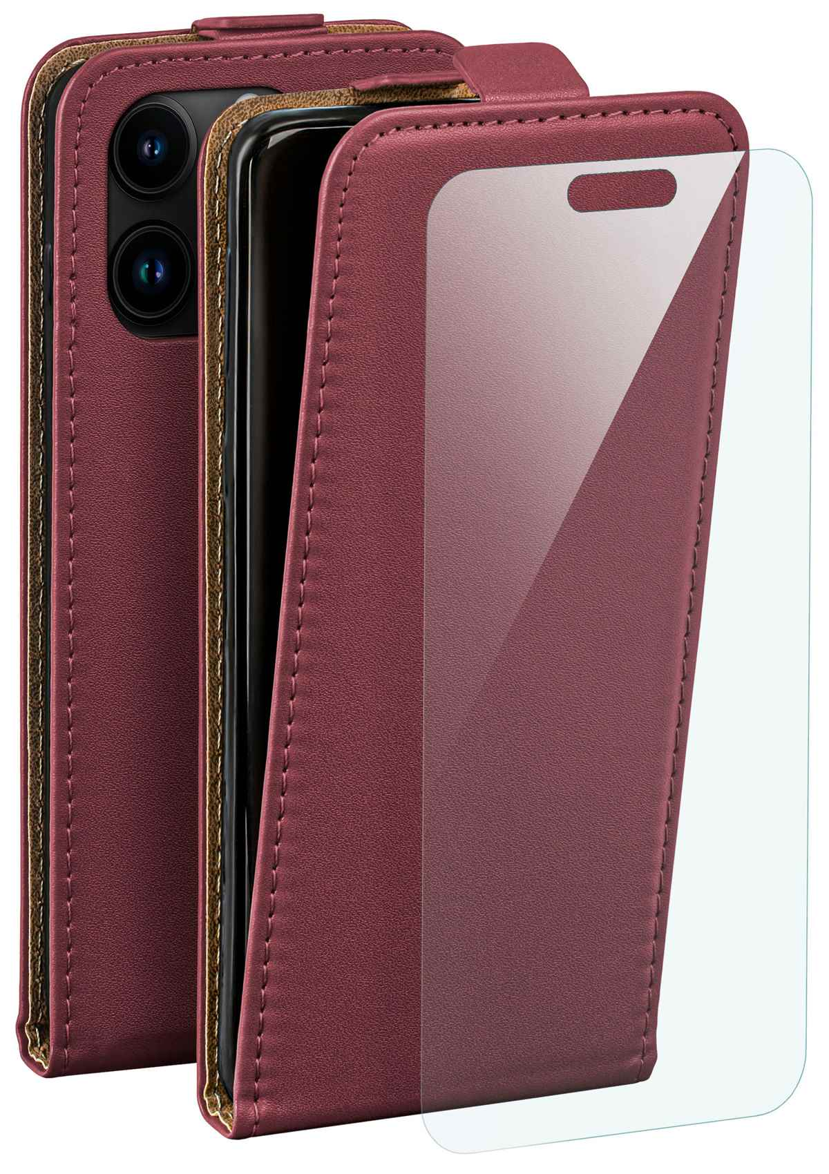 Bordeauxfarbene Handyhülle, mit teilweise eingelegtem Telefon und klarer Displayschutzfolie, zeigt die Kameras.