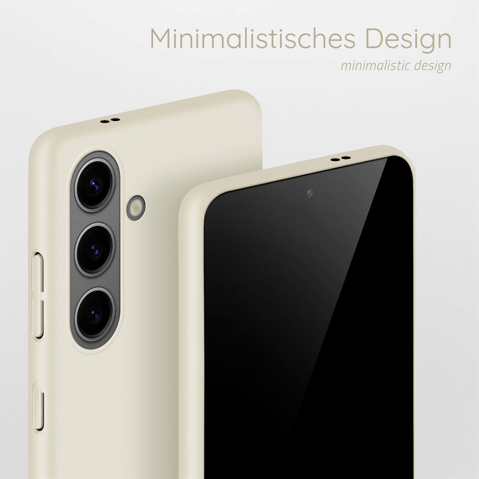 Zwei Telefone, eines mit Hülle. Beige Handyhülle. Schwarzer Bildschirm, weißer Hintergrund.