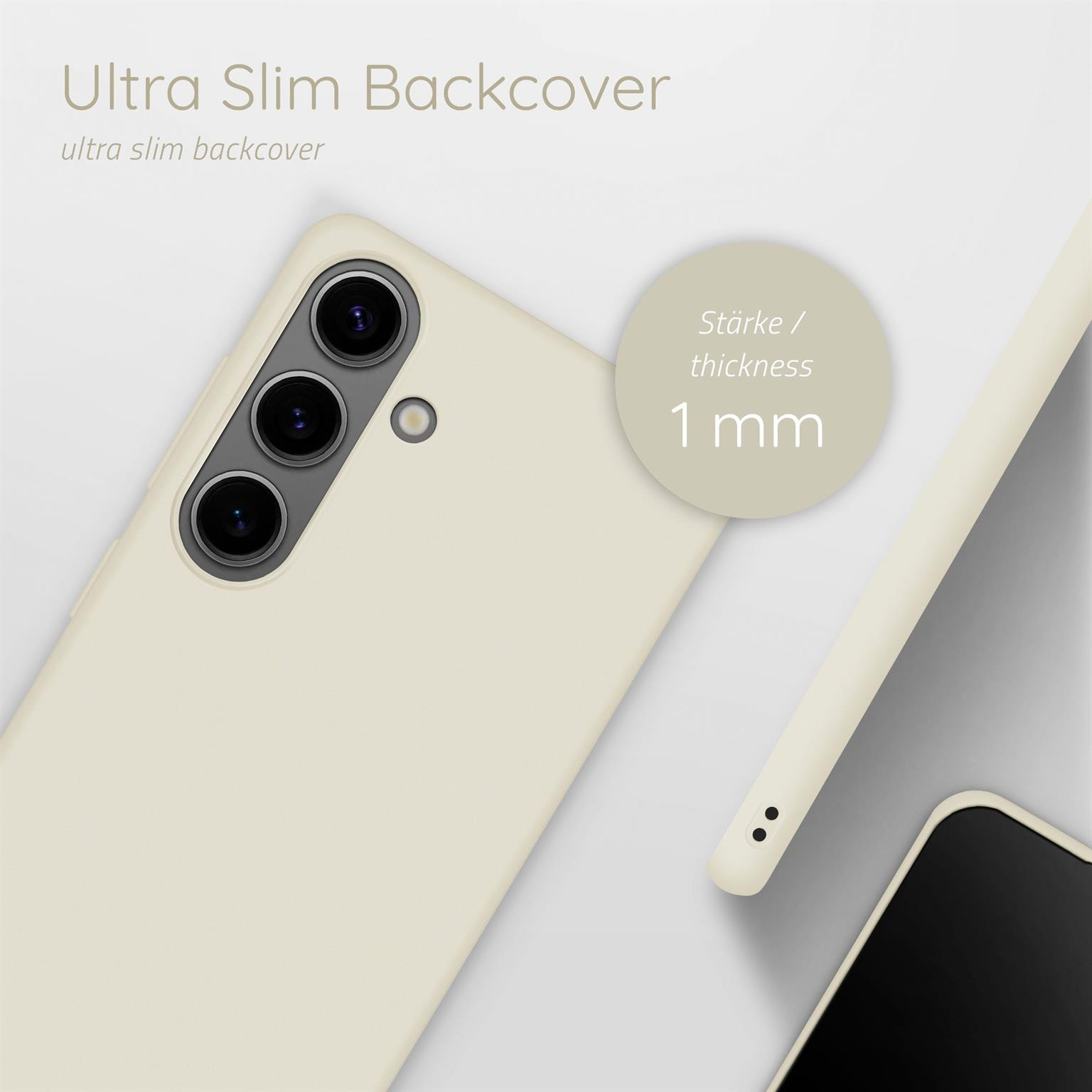 Beige Handyhülle mit 1 mm Dicke. Text: Ultra dünne Rückseite, 1 mm Dicke.