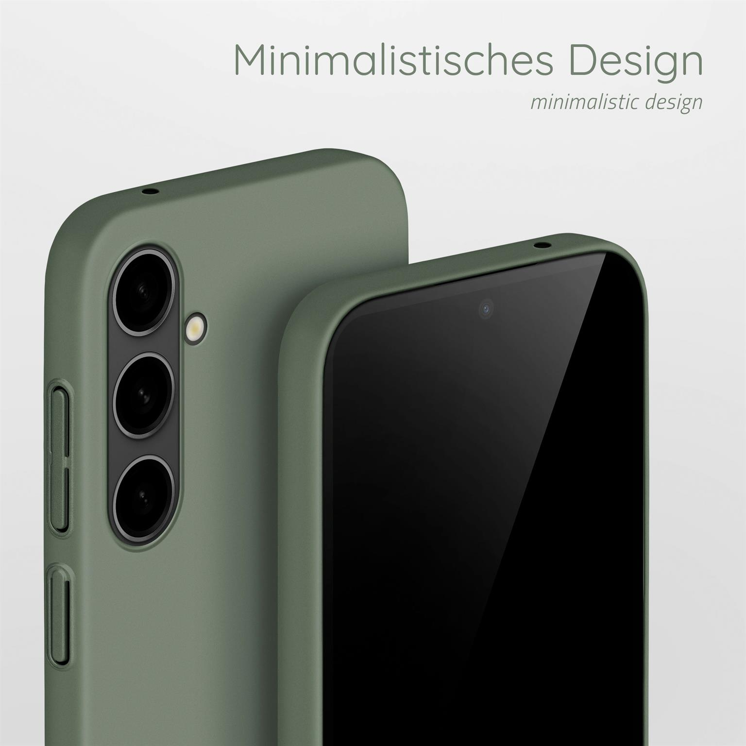 Zwei grüne Handyhüllen, eine leicht hinter der anderen. Text: Minimalistisches Design.
