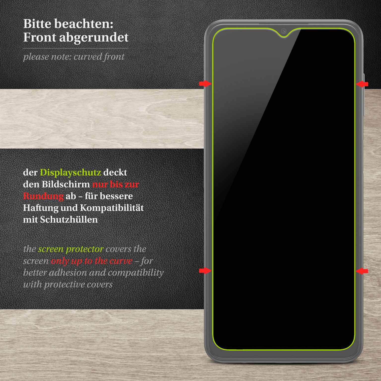Telefonbildschirm mit Displayschutz. Der Schutz bedeckt nur die flache Fläche.