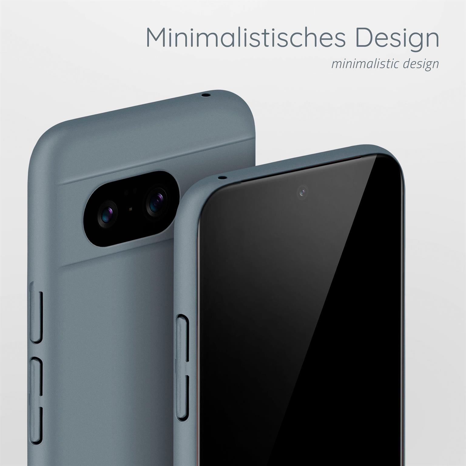 Zwei Handyhüllen, blau-graue Farbe. Text: Minimalistisches Design.