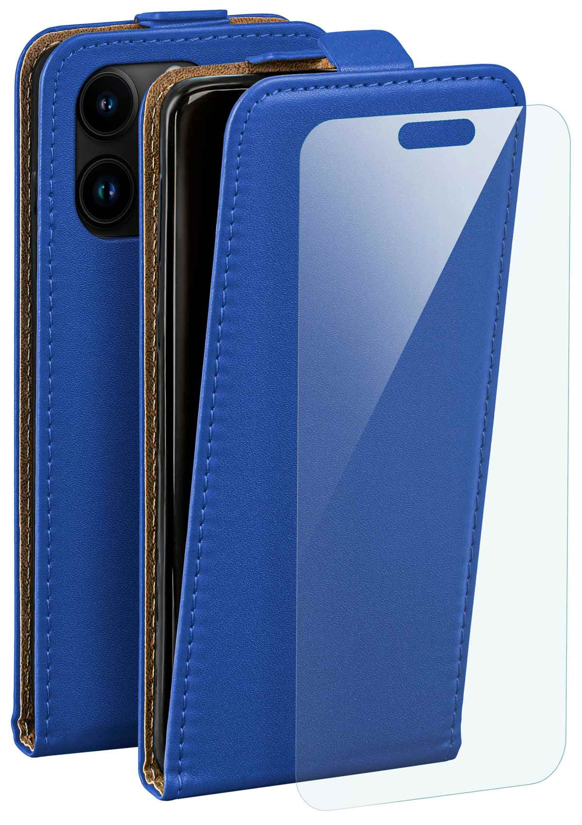 Blaue Handyhülle mit Displayschutzfolie. Hülle hat braune Innenseite.