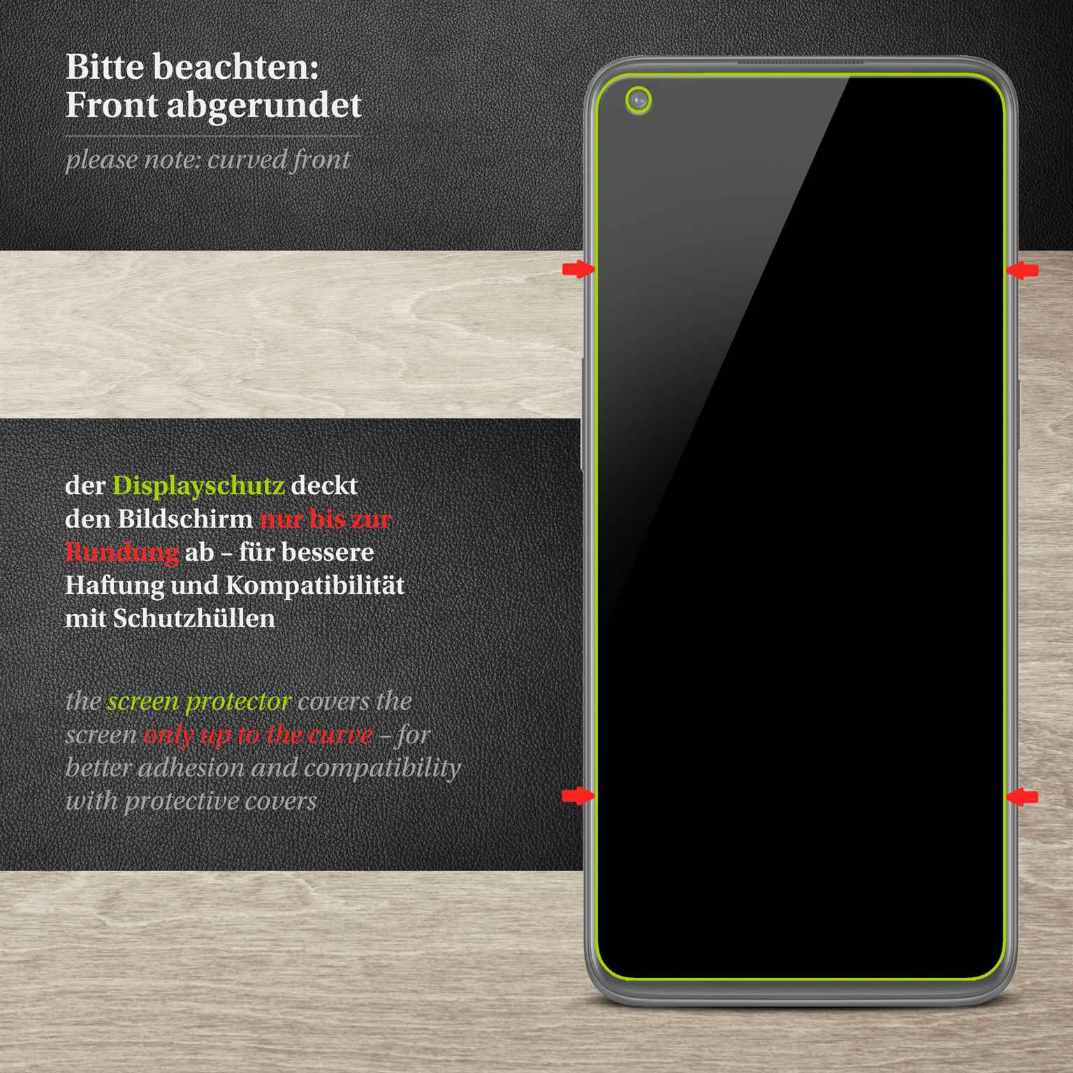 Ein Displayschutz mit deutschem Text. Der Displayschutz bedeckt den Bildschirm nur bis zur Krümmung.