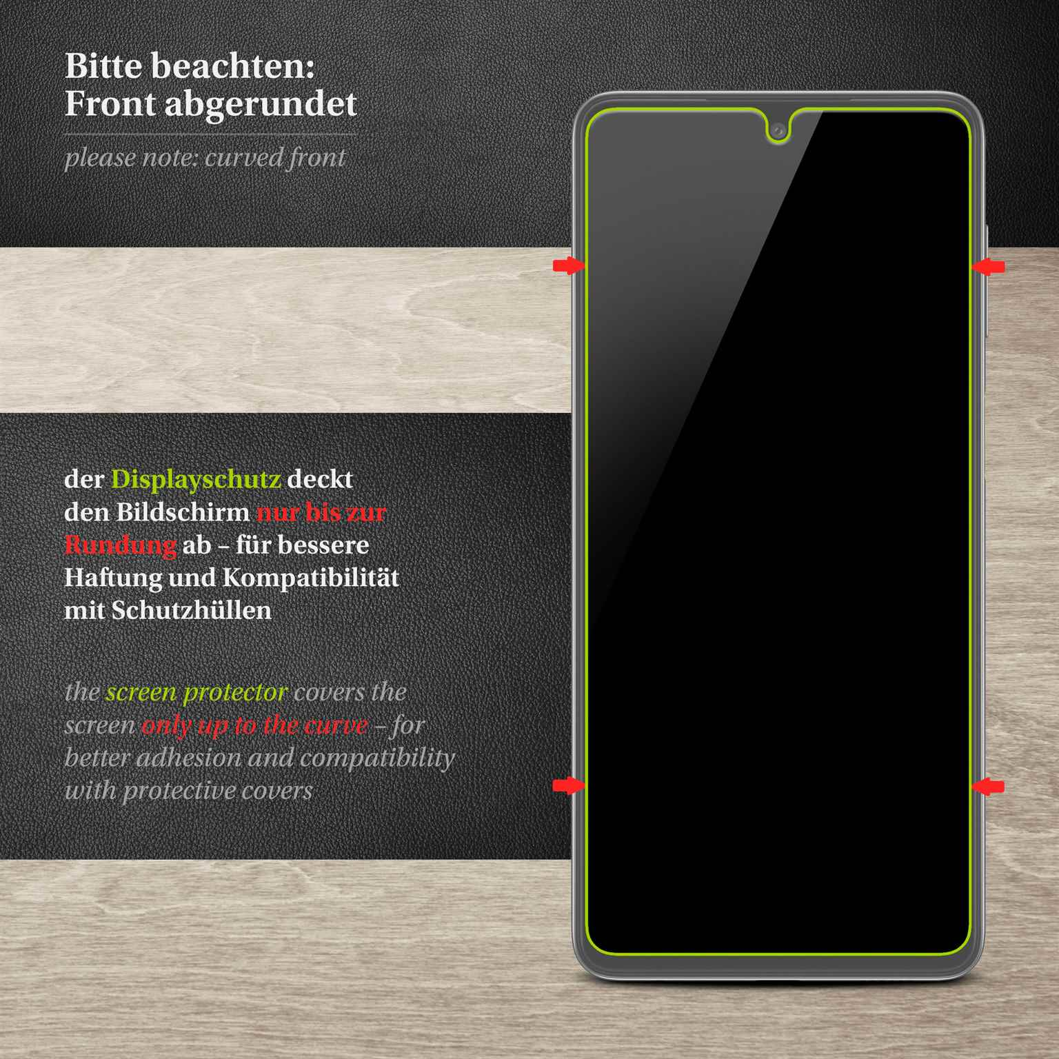 Ein Displayschutz auf einem Handybildschirm mit Text.