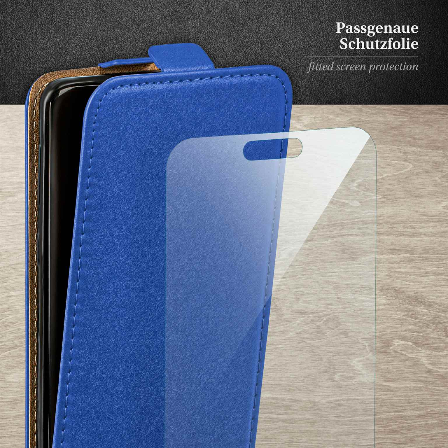 Blaue Handyhülle mit passgenauem Displayschutz. Text: Passgenauer Displayschutz.