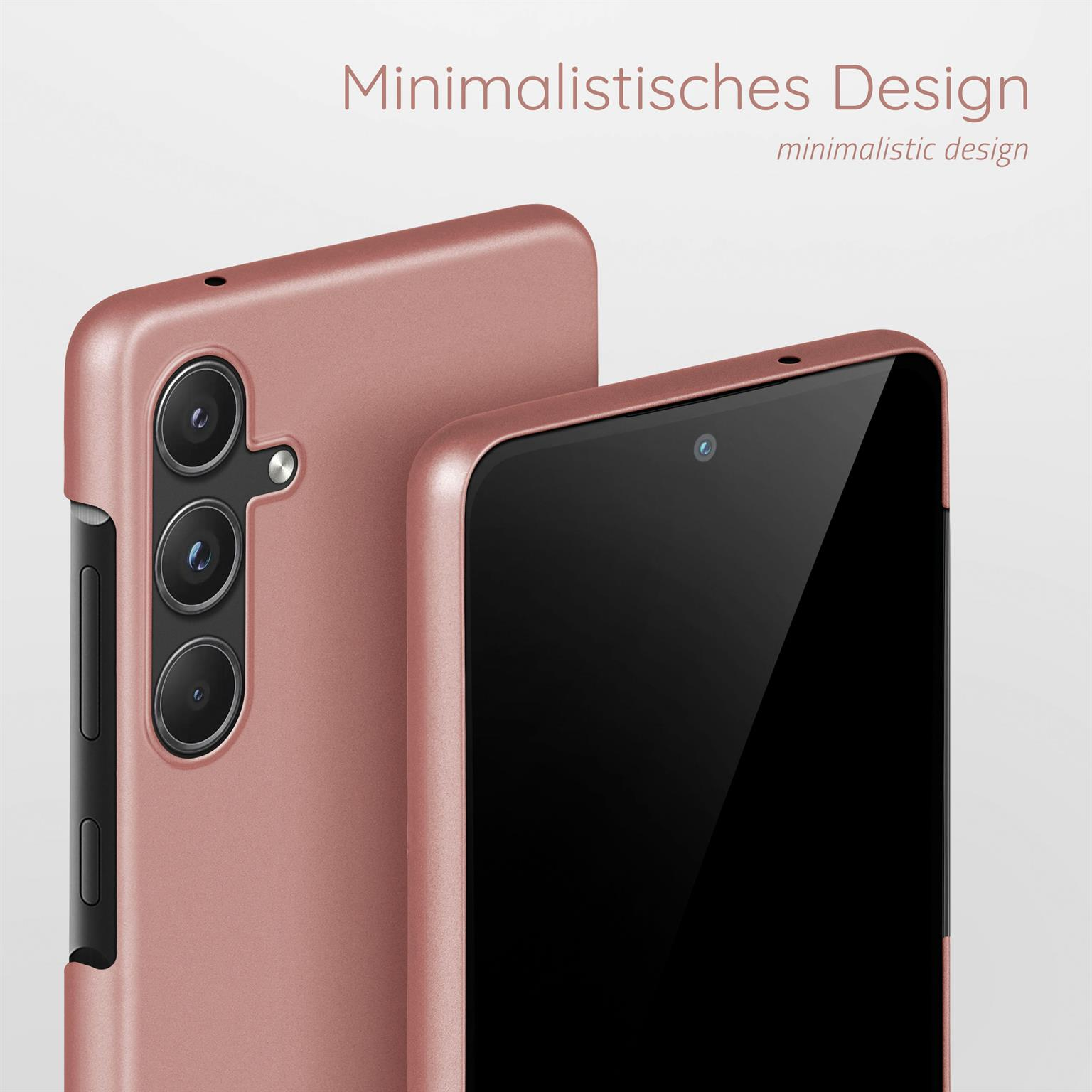 Zwei Telefone in rosa Hüllen. Eines ist im Fokus, mit schwarzem Bildschirm. Text 'Minimalistisches Design' oben.