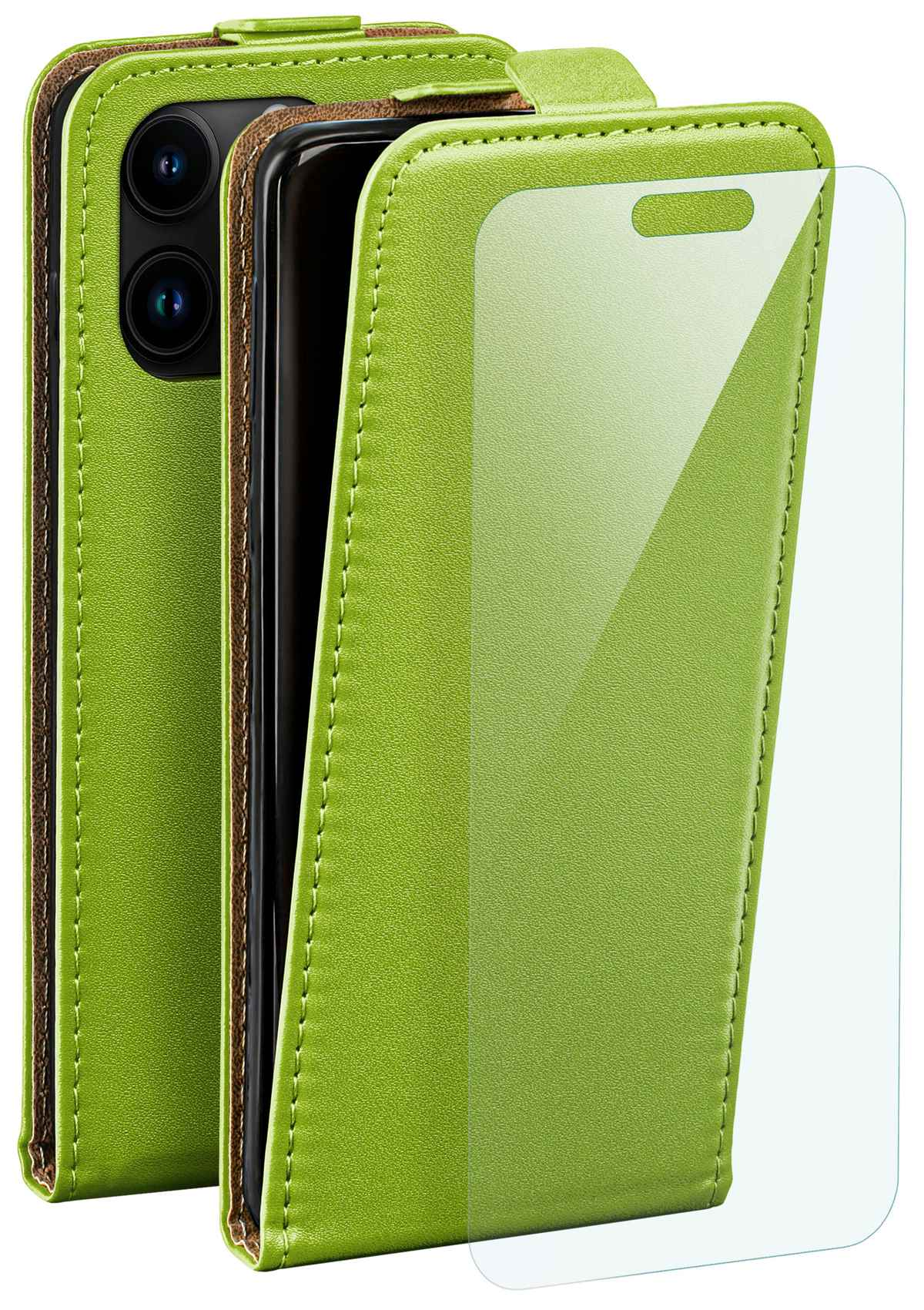 Grüne Handyhülle mit braunem Rand, offen, um Telefon und Displayschutz zu zeigen.