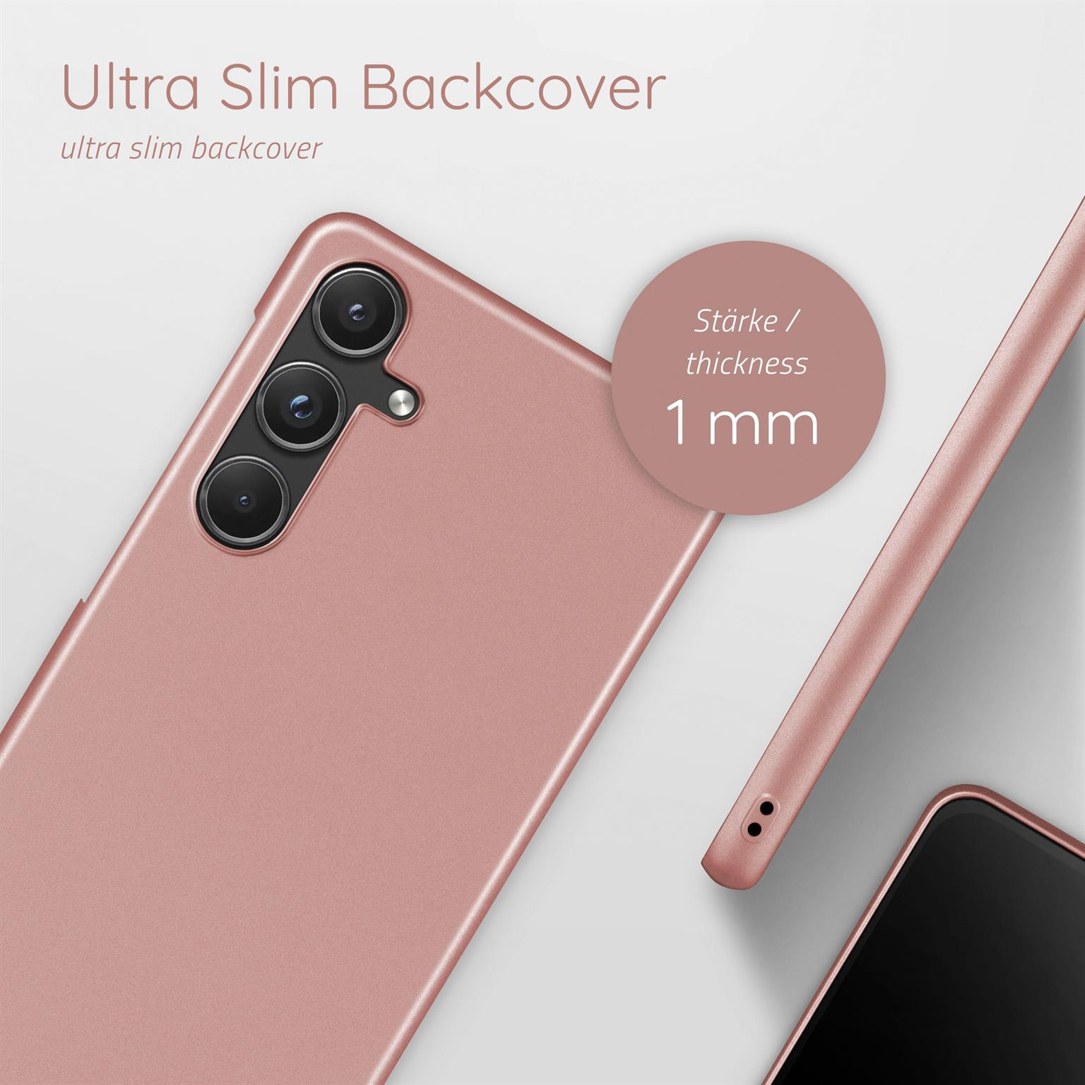 Eine rosafarbene Telefon-Rückseite. Text zeigt, dass die Hülle ultra-schlank ist, mit 1 mm Dicke.