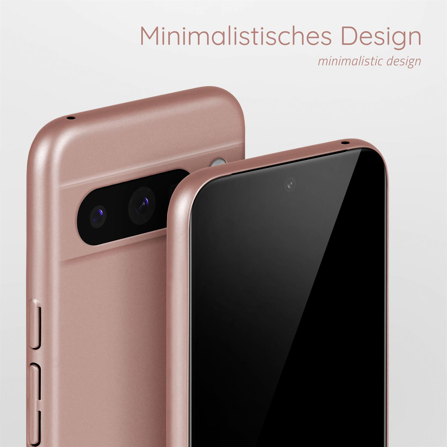 Zwei rosafarbene Telefone, eines mit sichtbarer Kamera, vor weißem Hintergrund. Text: 'Minimalistisches Design'.