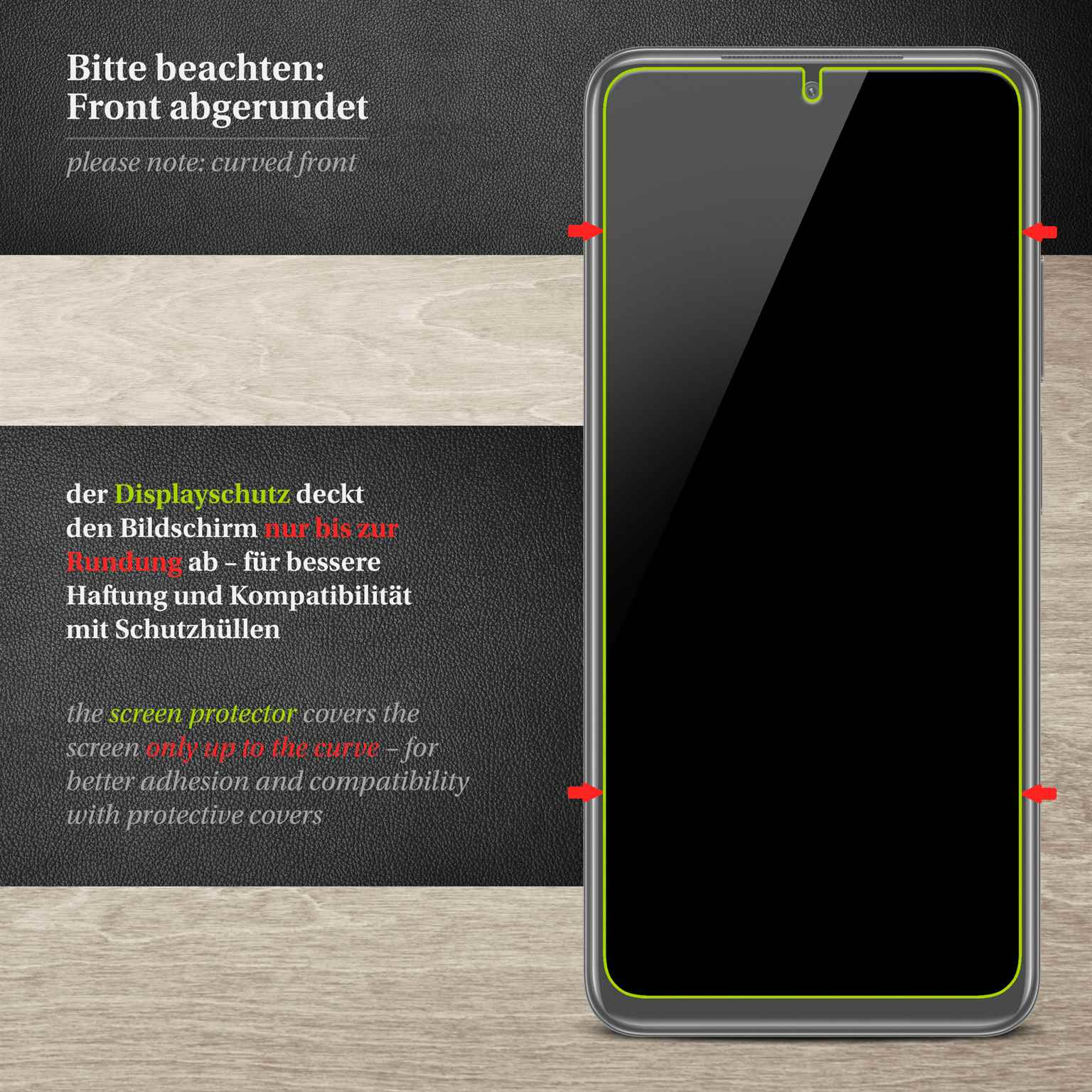 Schwarzer Telefonbildschirm mit Displayschutzfolie. Rote Linien zeigen die Abdeckung der Folie.