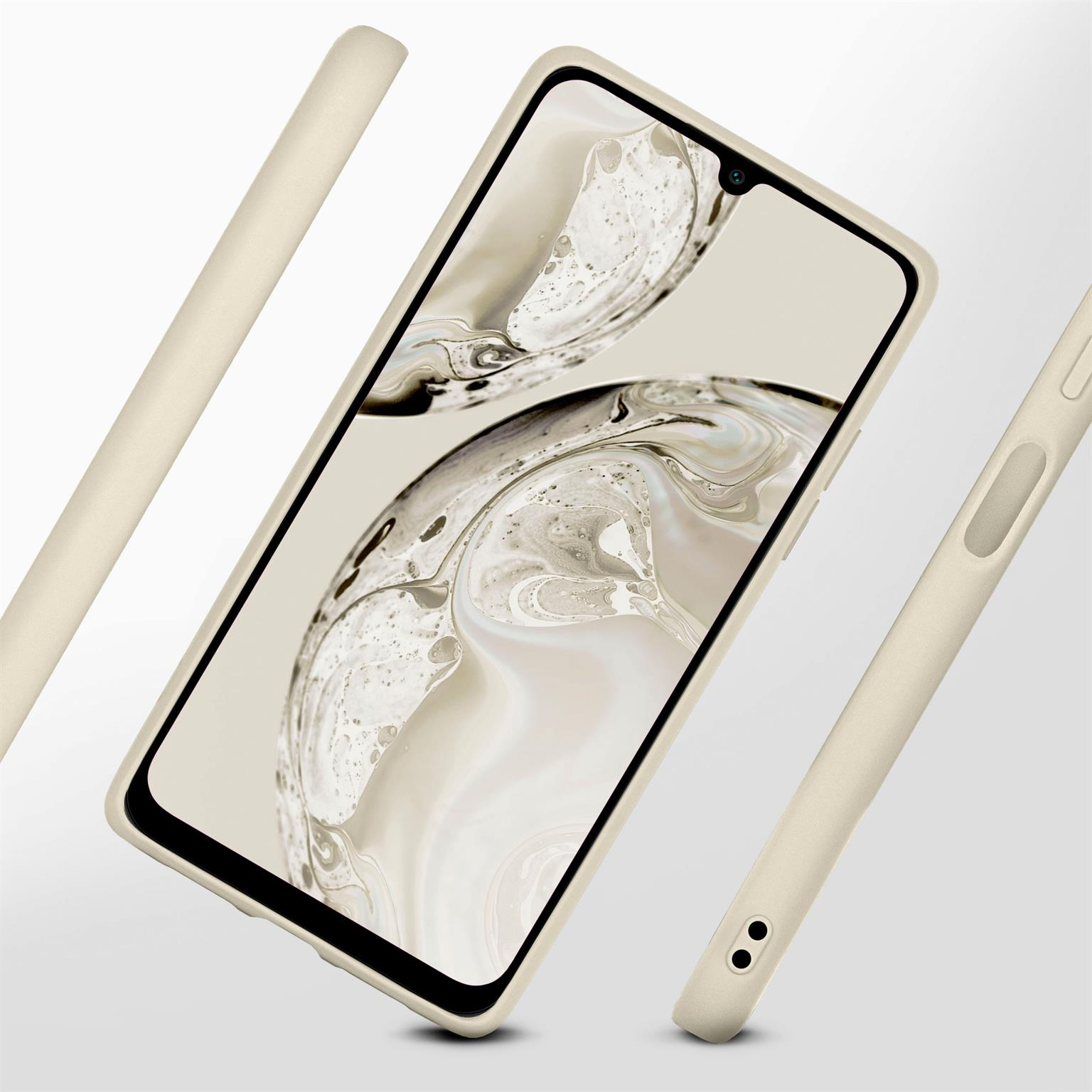 Beiges Telefon in einer Hülle mit sichtbarem Telefonbildschirm, isoliert.