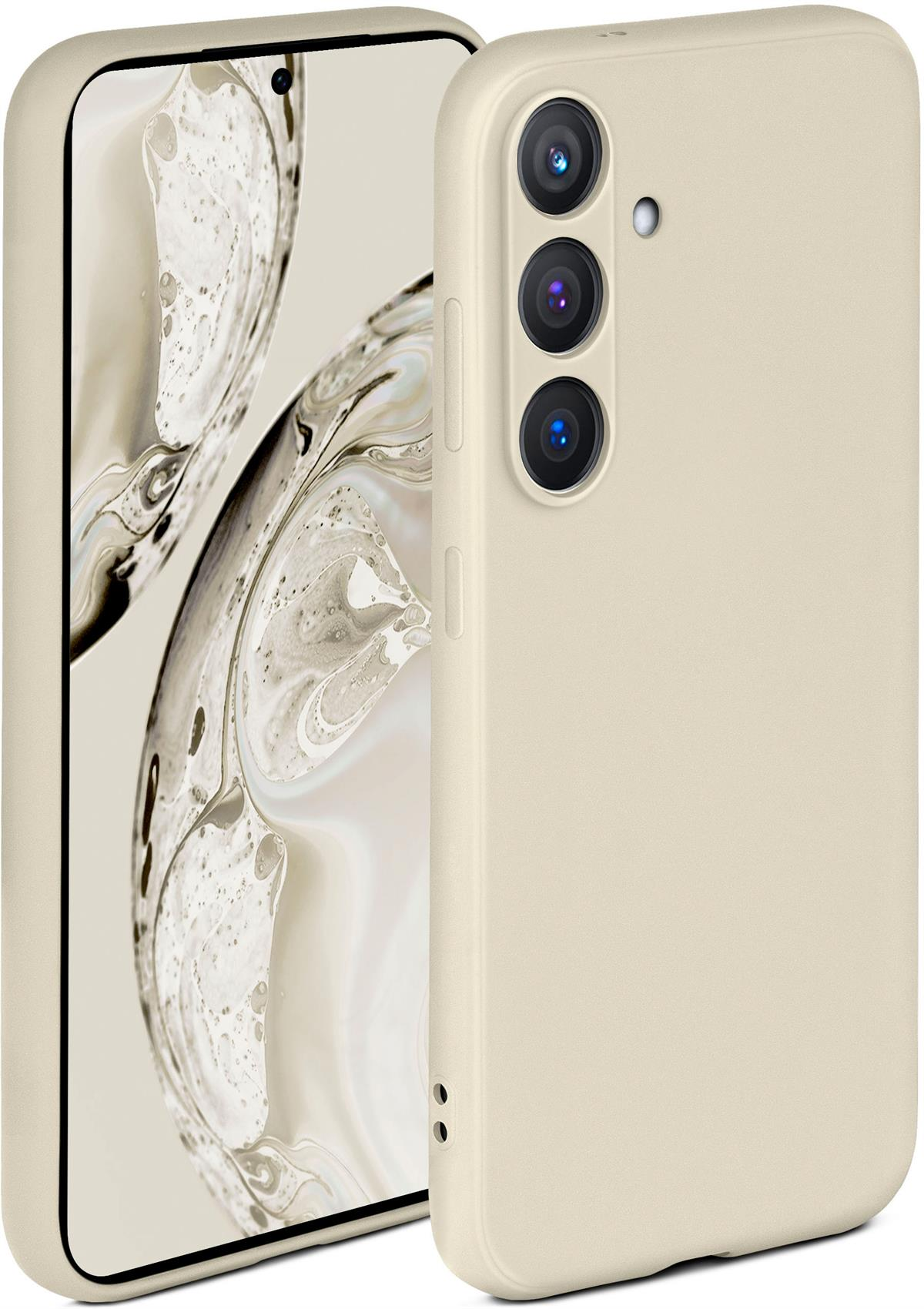 Cremefarbene Handyhülle mit einem Telefon. Das Telefon befindet sich auf neutralem Hintergrund.
