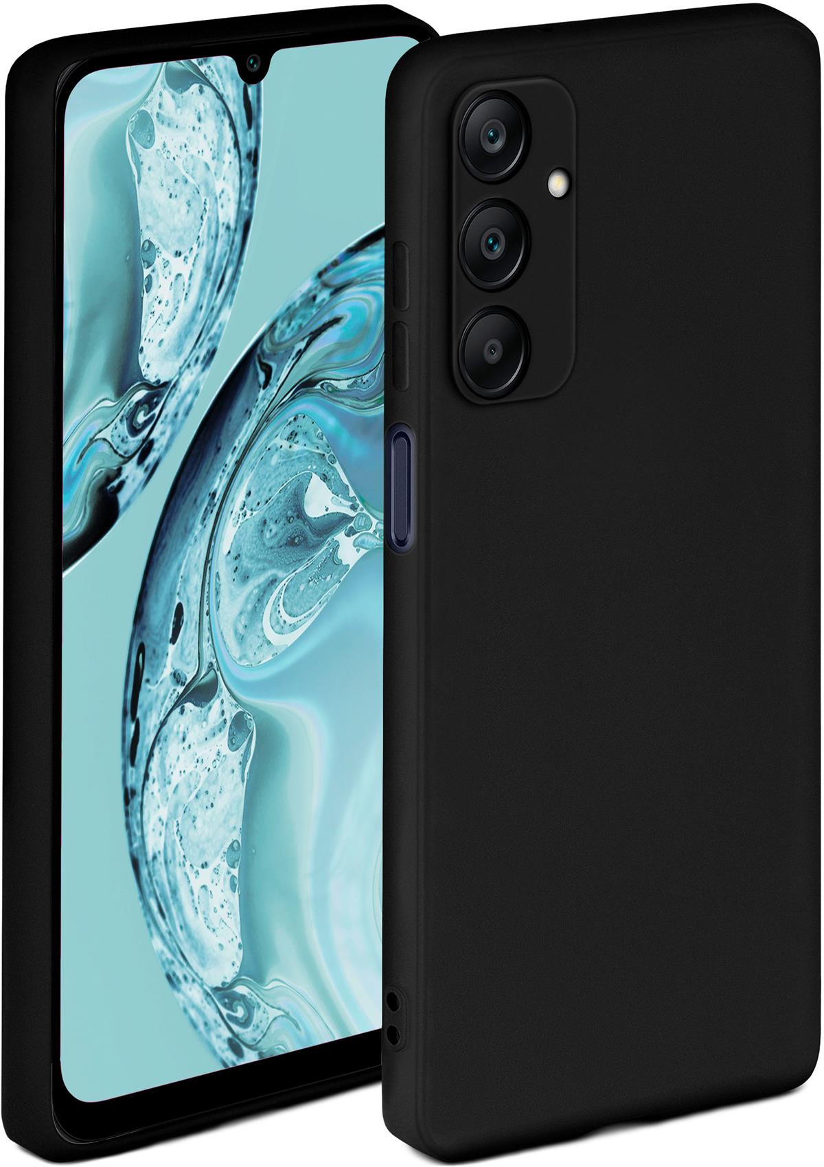 Schwarze Handyhülle mit einem Telefon, die Rückseite des Telefons mit dreifachen Kameralöchern.