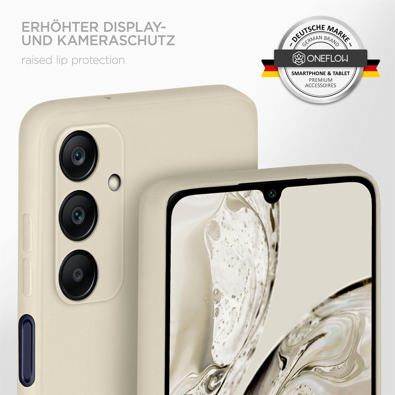 Beige Handyhülle mit zwei Handys. Eines zeigt die Rückseite, das andere die Vorderseite mit dem Bildschirm.