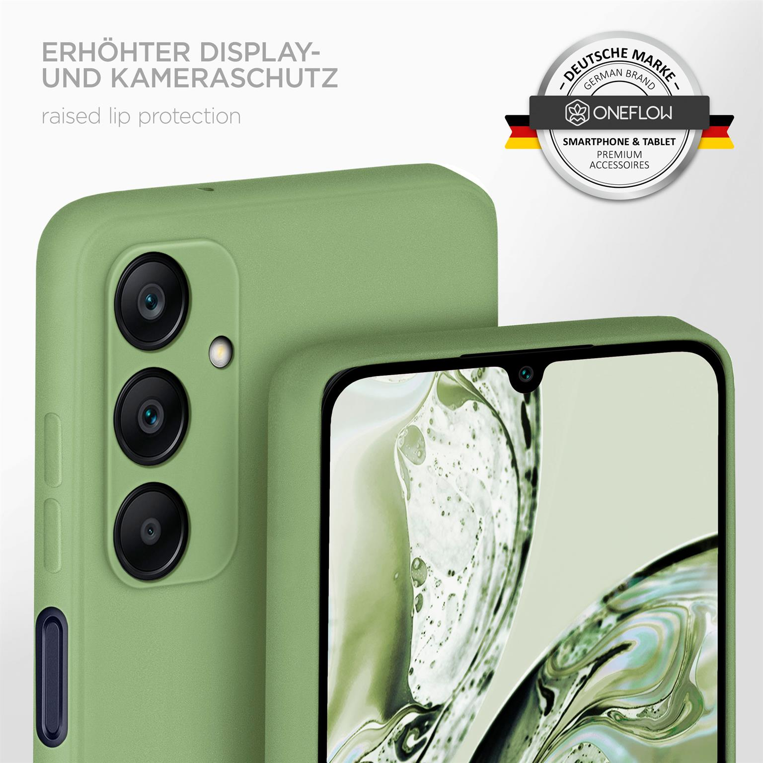 Grüne Handyhülle mit Kameraaussparungen. Der Hintergrund zeigt einen Teil einer anderen Handyhülle.