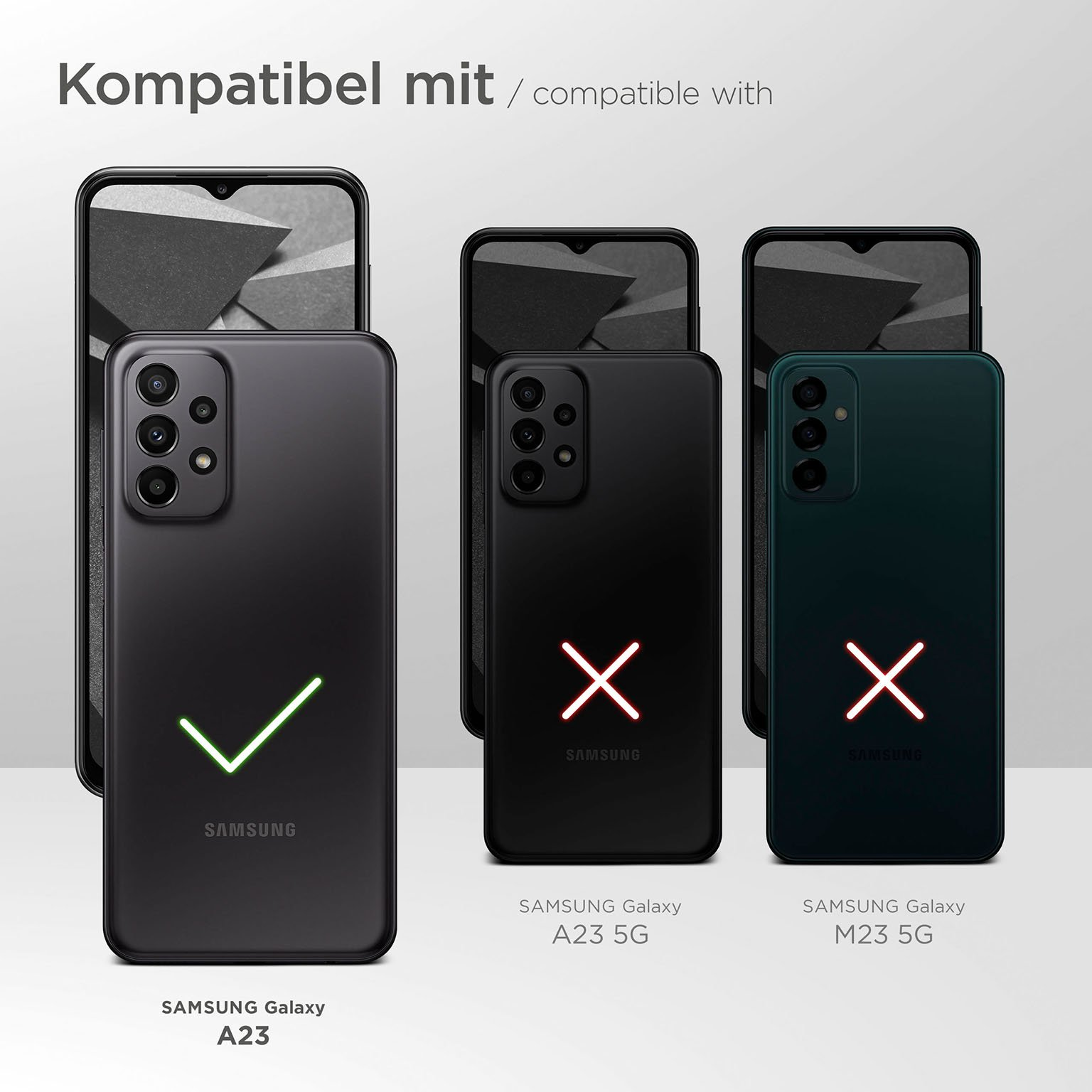 Samsung Galaxy A23 mit Hülle, kompatibel mit A23 5G; nicht kompatibel mit anderen.
