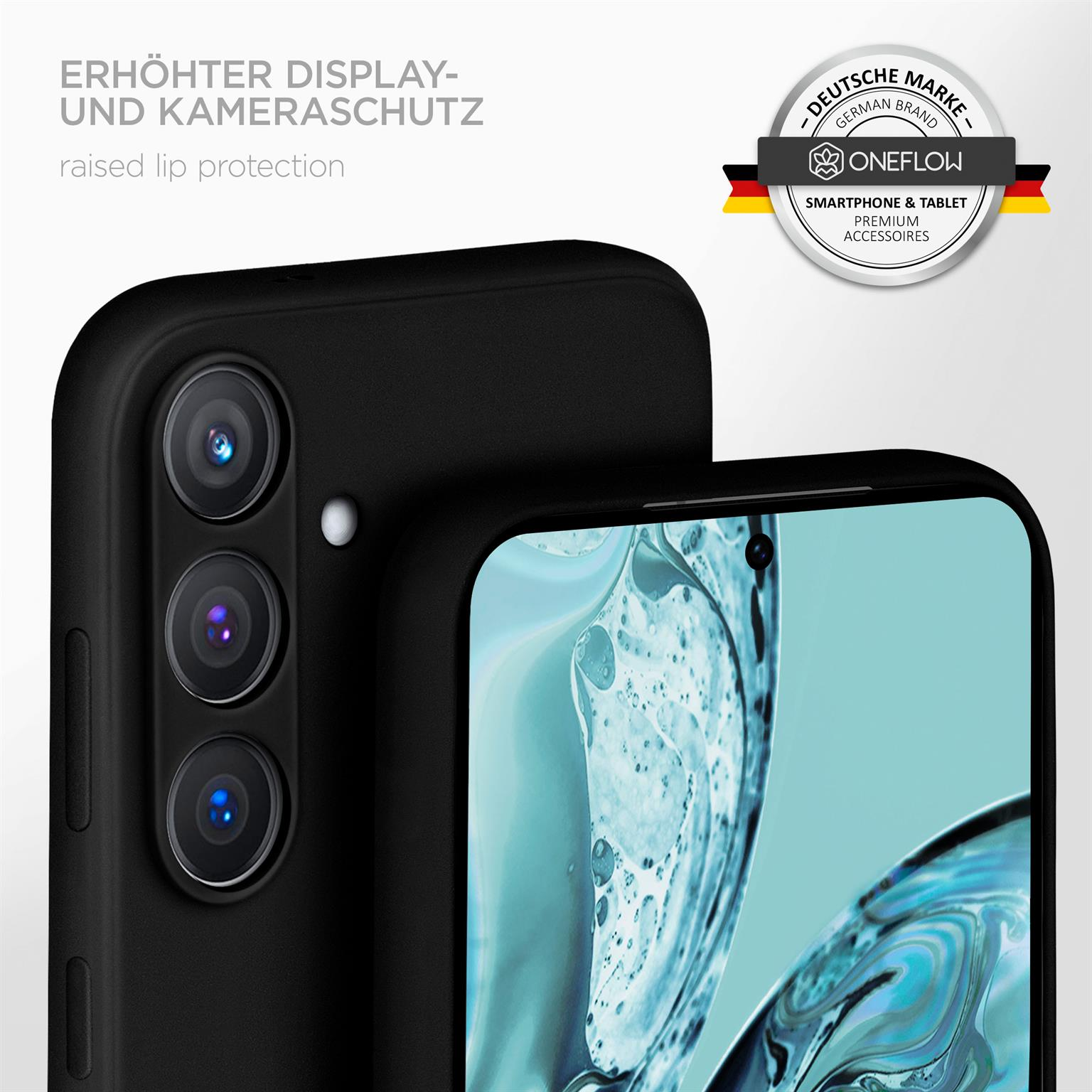 Eine schwarze Handyhülle mit erhöhtem Rand. Der Bildschirm ist sichtbar. Ein Logo befindet sich in der Ecke.