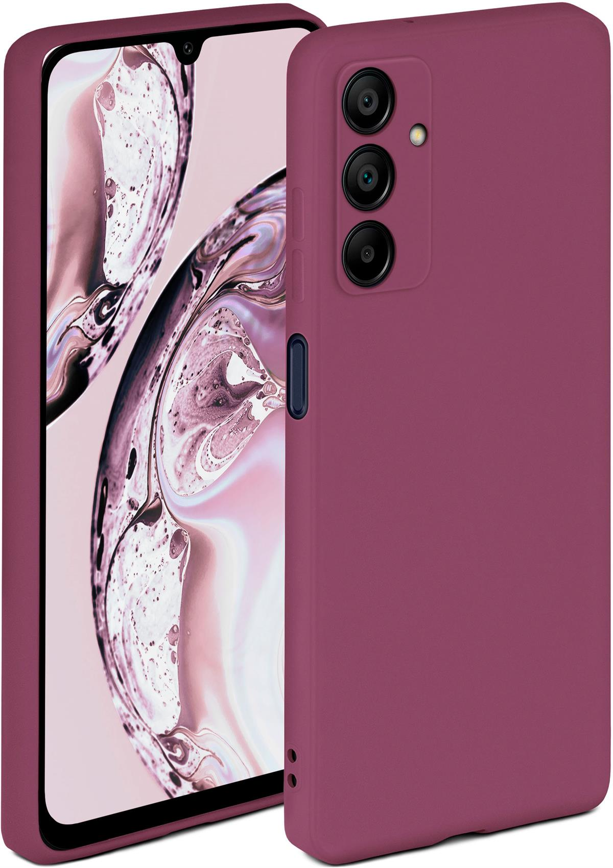 Ein weinrotes Telefon mit Hülle. Das Telefon hat drei Kameras, eine Taste und einen Bildschirm.