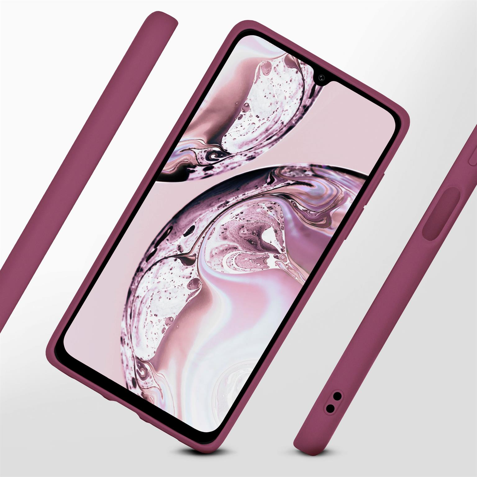 Lila Handyhülle, abgewinkelt, mit sichtbarem Telefonbildschirm und Zubehör. Weißer Hintergrund.