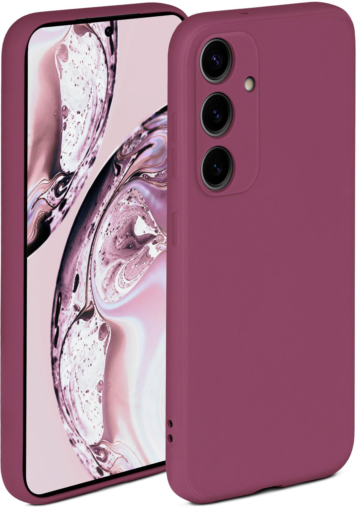 Burgunderfarbene Handyhülle mit Telefon. Telefon hat 3 Kameras und ein geschwungenes Design.
