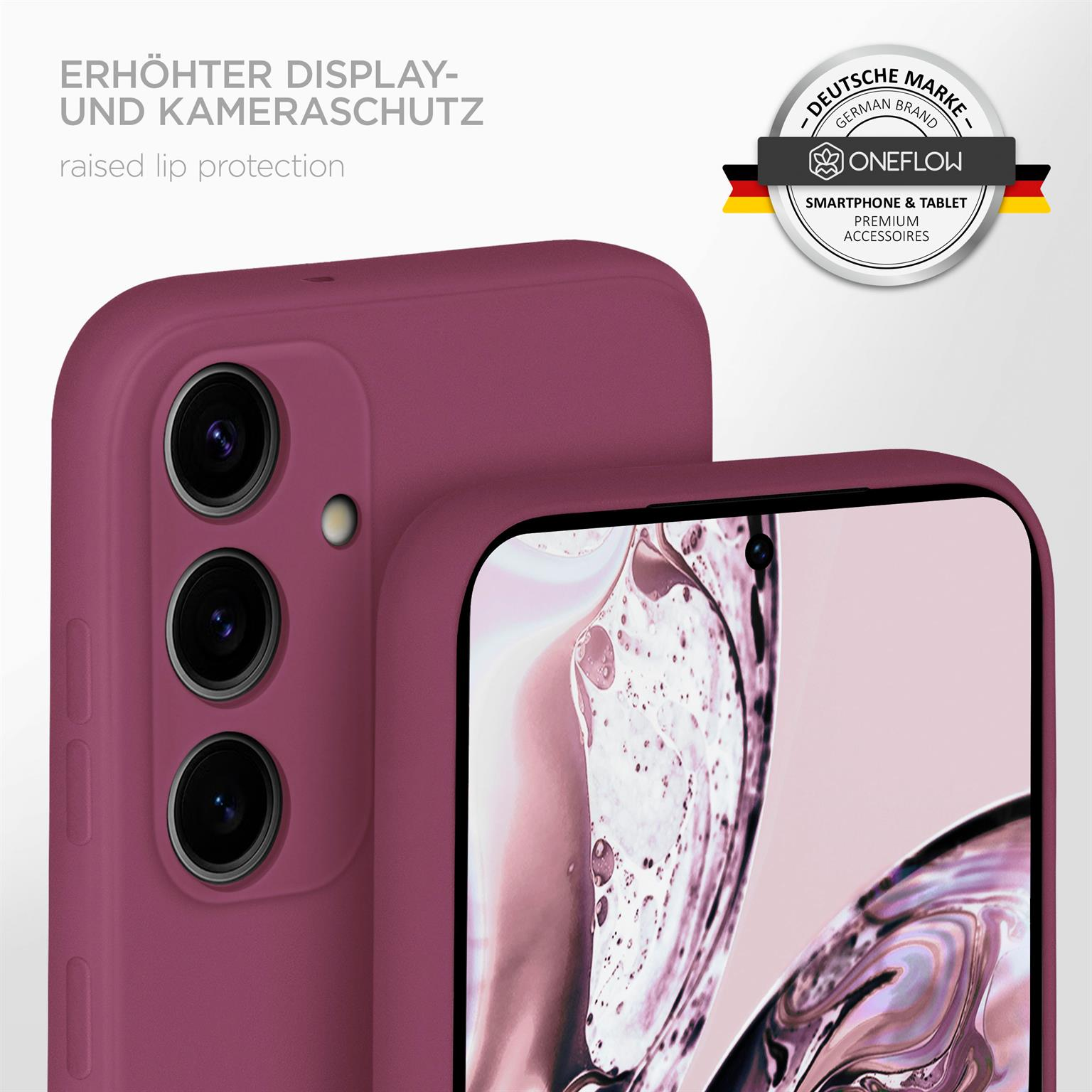 Nahaufnahme einer Handyhülle mit Telefon. Lila Hülle, schwarze Linsen, weißes Logo.