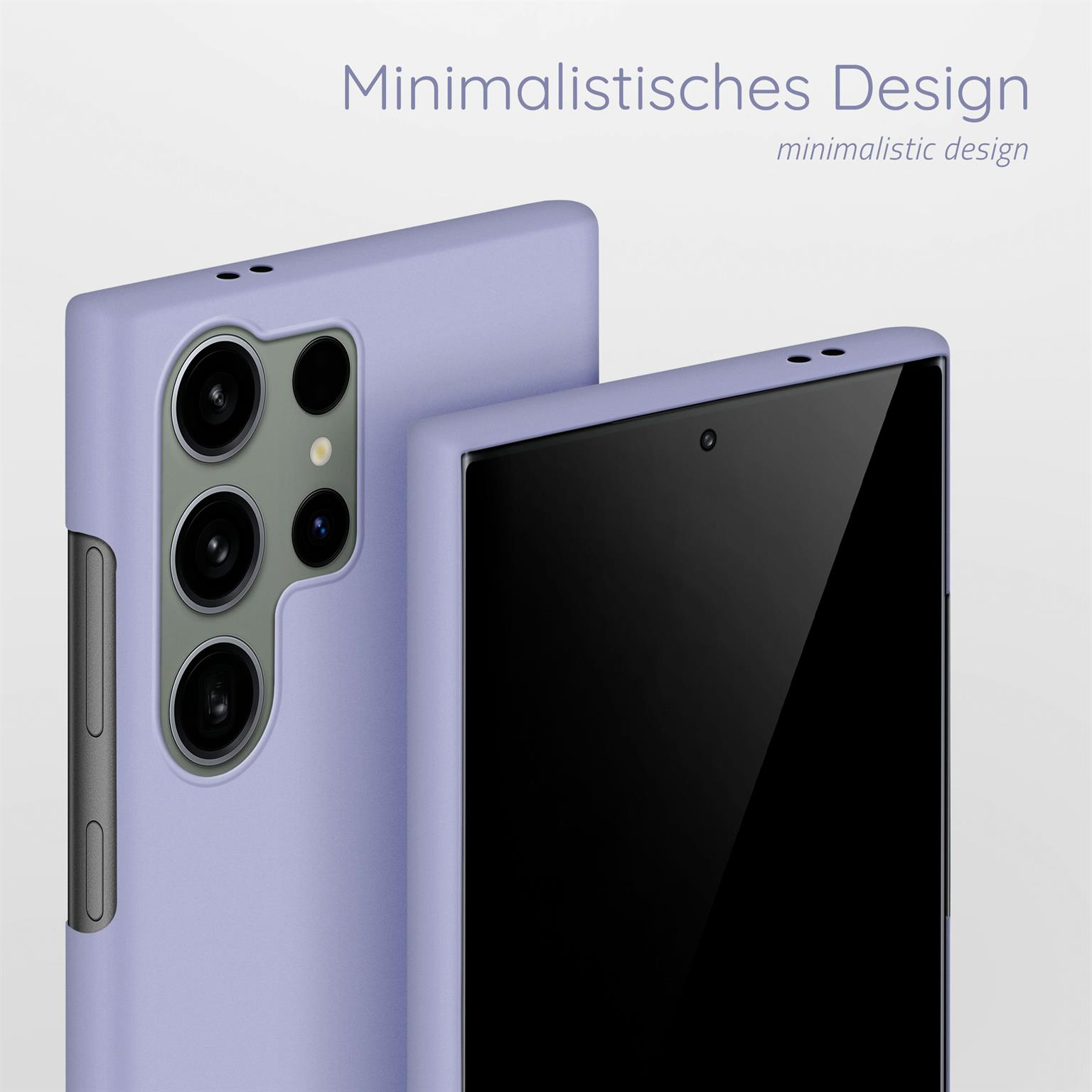 Zwei lavendelfarbene Handyhüllen. Eine ist auf einem Telefon. Die andere im Hintergrund. Minimalistisches Design.