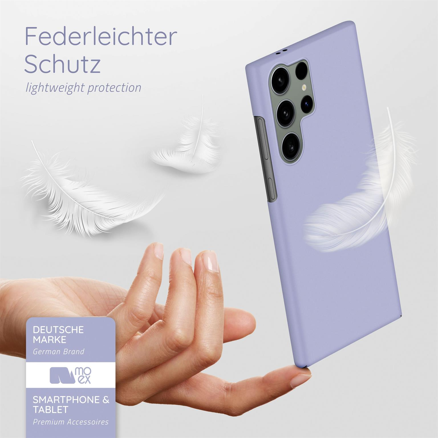 Eine lila Handyhülle mit schwebenden Federn. Text sagt 'lightweight protection'.