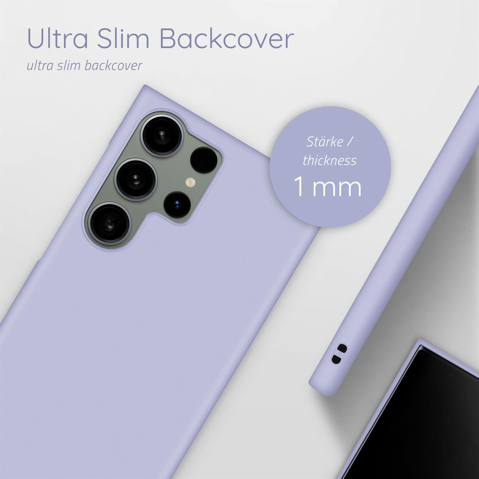 Lila Handyhülle mit Telefon, Text 'Ultra Slim Backcover' und 1 mm Dicke. Weißer Hintergrund.