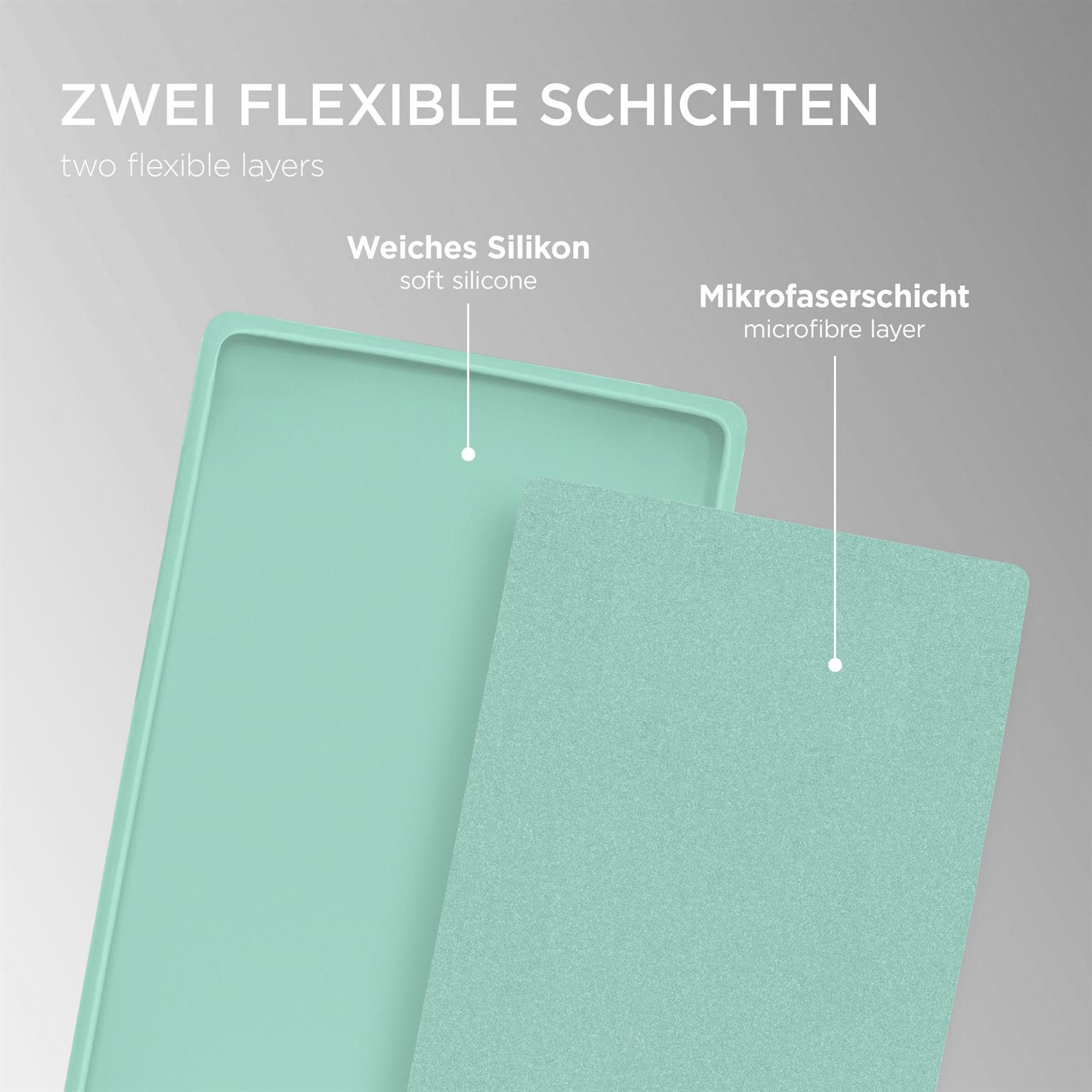 Ein Telefonbildschirm mit Displayschutz und abgerundeten Kanten. Text beschreibt die Abdeckung des Protektors.