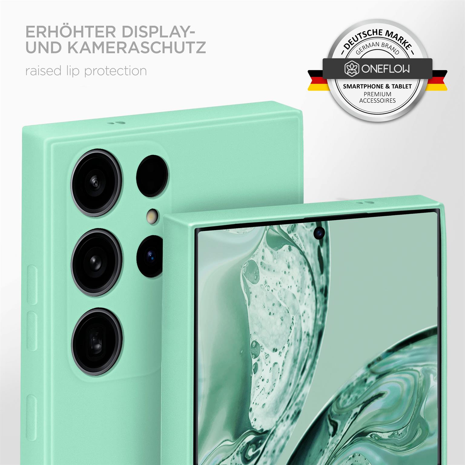 Minzgrüne Handyhülle, mit Kameraausschnitten, neben einem Telefon mit Bildschirm. Deutsches Markenzeichen.