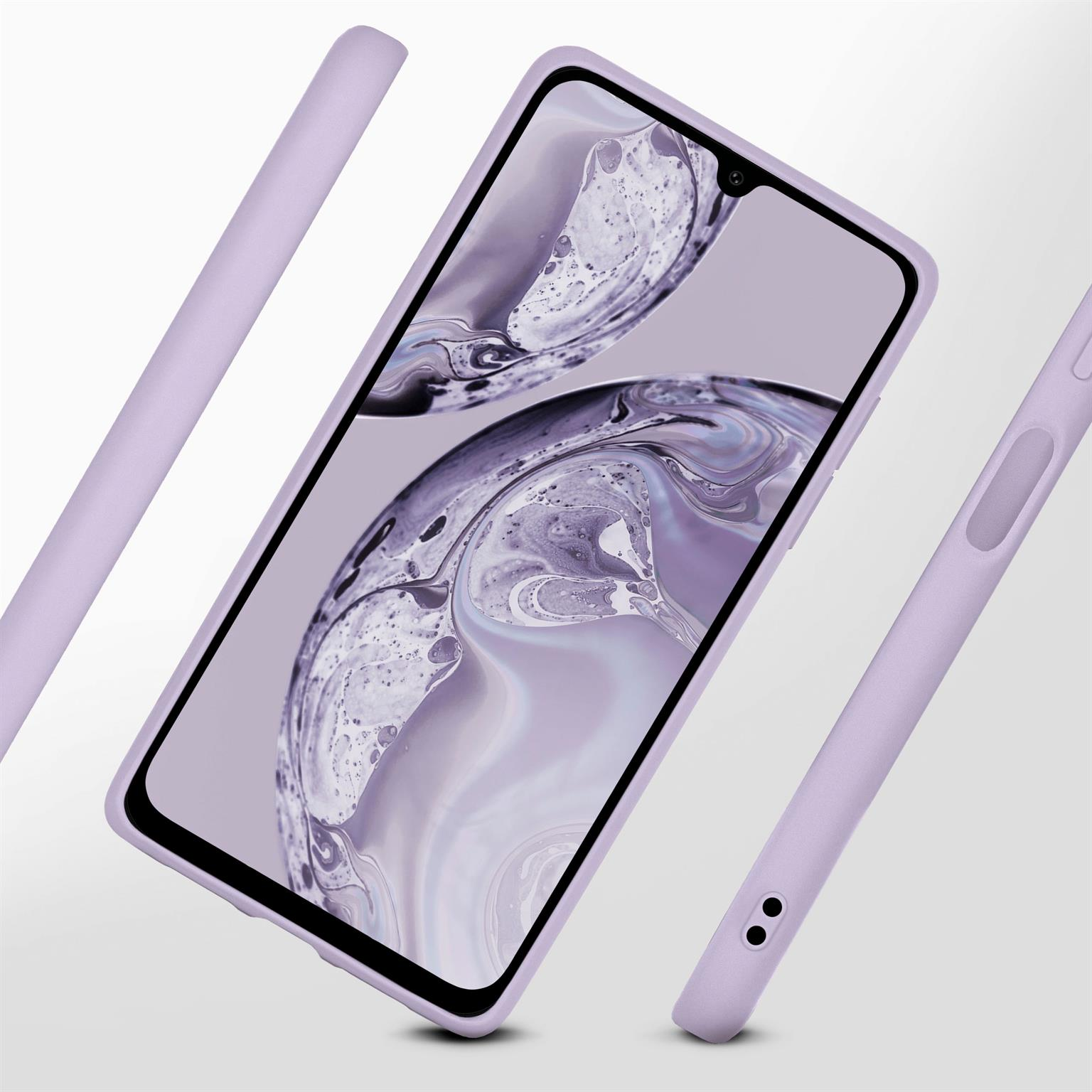 Eine hellviolette Handyhülle mit Display. Das Telefon befindet sich in einer Hülle. Verschiedene Teile der Hülle sind sichtbar.