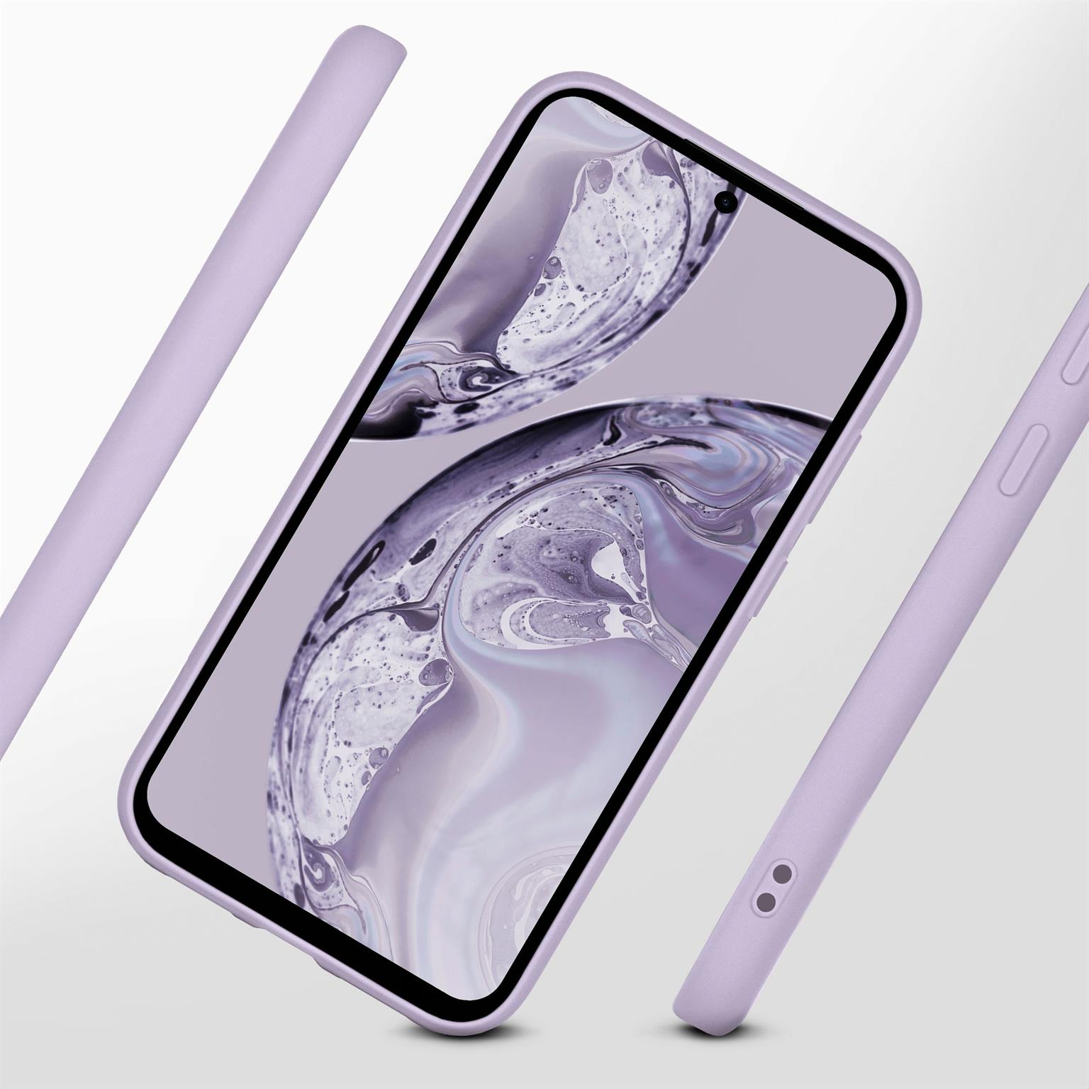 Lila Handyhülle mit Telefon und abgetrennten Teilen.